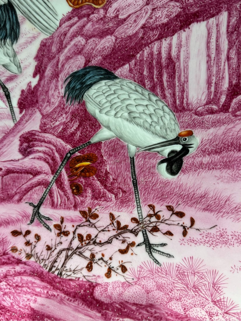 An Exquisite Ruby red-Glazed Pine and Crane Pattern with poem Plate - 2