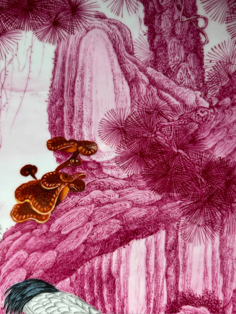 An Exquisite Ruby red-Glazed Pine and Crane Pattern with poem Plate - 6