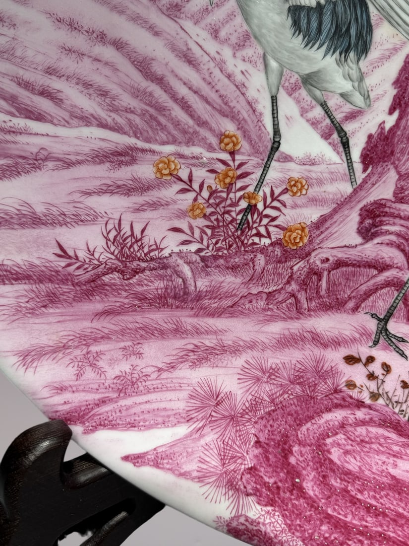 An Exquisite Ruby red-Glazed Pine and Crane Pattern with poem Plate - 7