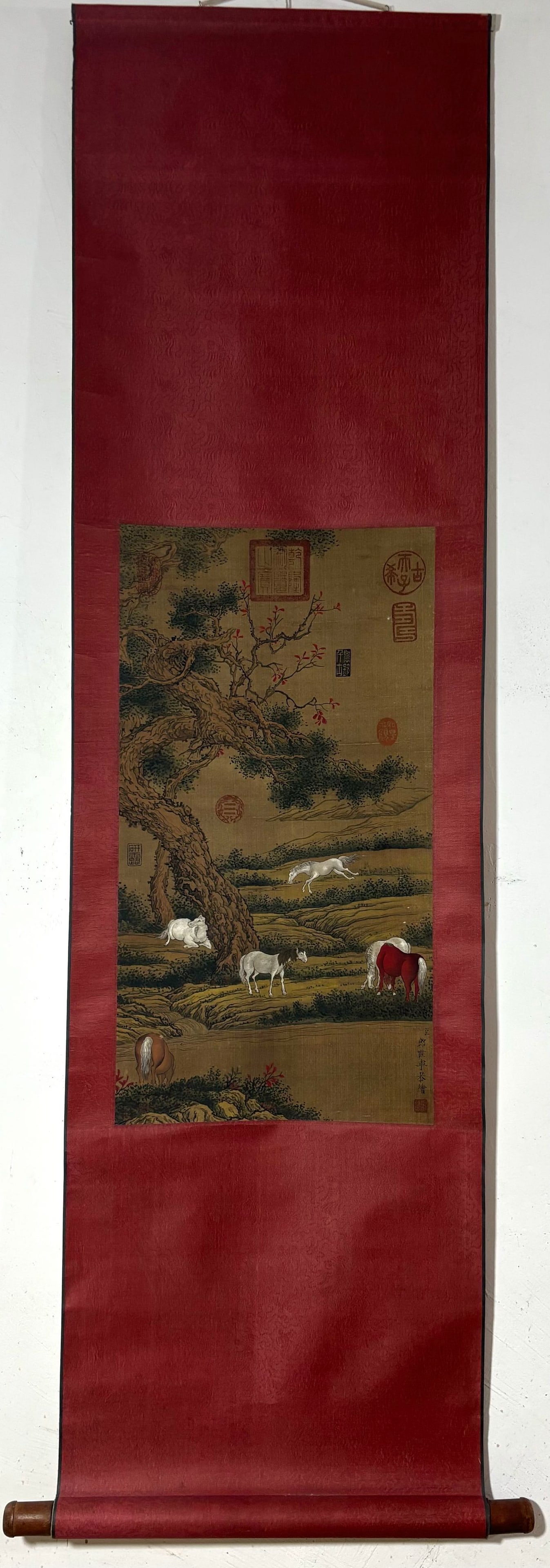 A Chinese Vertical Scroll Ink Painting of Horse on Silk: A Chinese Vertical Scroll Ink Painting of Horse on Silk Lang shining Without frame Size:25inx13.4in郎世宁骏马图 绢本立轴Without frame Size:6