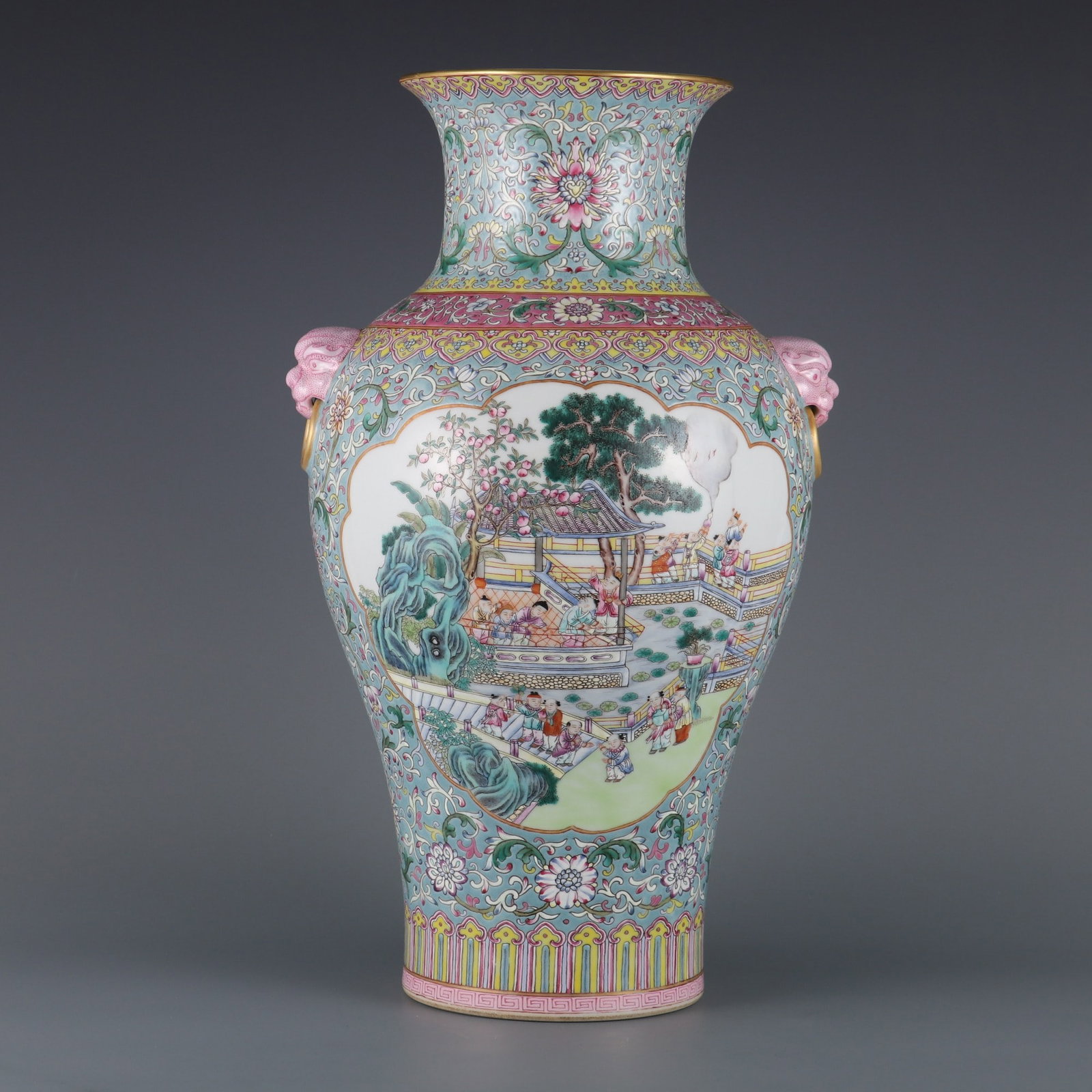 An Exquisite Famille-Rose Ruby Red-Glazed Lotus Pattern Character and Story Pattern Double-Ears Vase: An Exquisite Famille-Rose Ruby Red-Glazed Lotus Pattern Character and Story Pattern Double-Ears Vase Qing Dynasty, China Qianlong Six-character Mark Size:16.8in胭脂红地粉