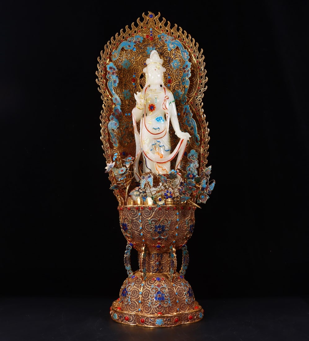An Exquisite Gilt Bronze Inlaid White Jade Painted Color Statue of Avalokitesvara: An Exquisite Gilt Bronze Inlaid White Jade Painted Color Statue of Avalokitesvara Qing Dynasty, China Qianlong Four-character Mark Size: 24.8inx8.7inx7.1in Weight:4200g铜鎏金镶