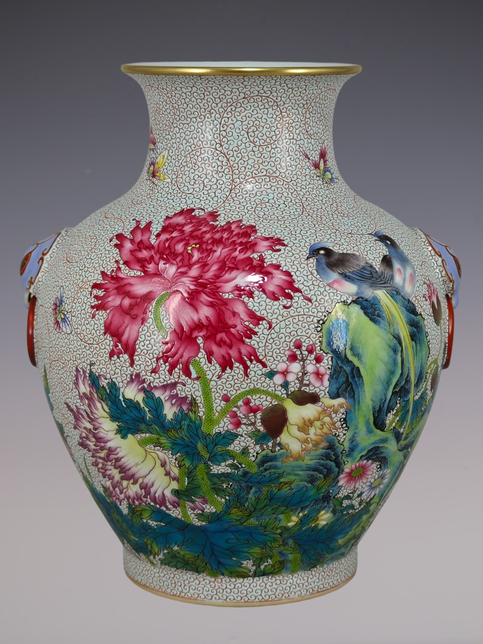 An Exquisite Famille-Rose Green Ground Painted Gold Flower and Bird Pattern Double-Ears Vase: An Exquisite Famille-Rose Green Ground Painted Gold Flower and Bird Pattern Double-Ears Vase Qing Dynasty, China Qianlong Six-character Mark