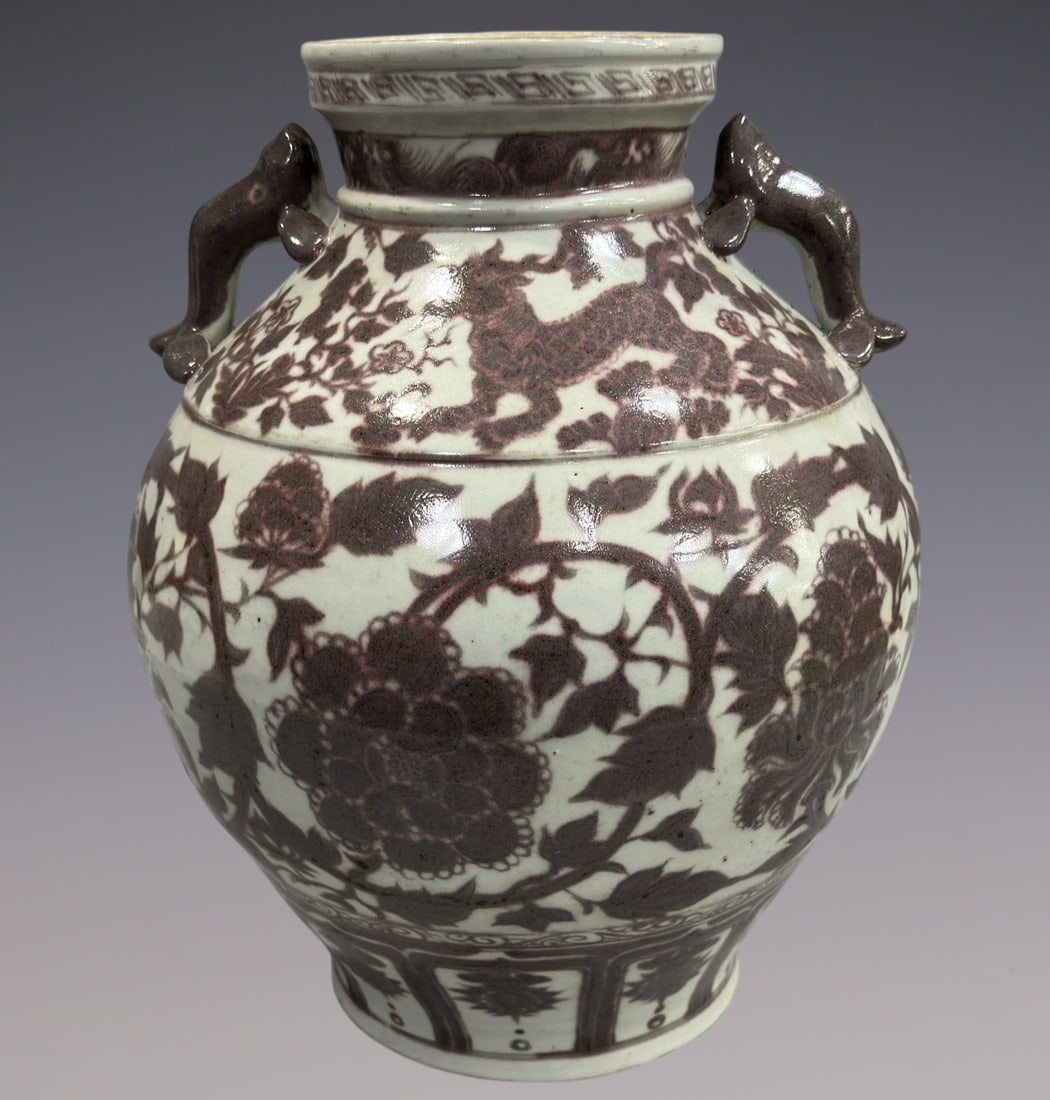 An Exquisite Blue and White Underglaze-Red Lotus Pattern Kylin Pattern Double-Ears Jar: An Exquisite Blue and White Underglaze-Red Lotus Pattern Kylin Pattern Double-Ears Jar Yuan Dynasty, China Size:15.4in青花釉里红缠枝莲罐 中&
