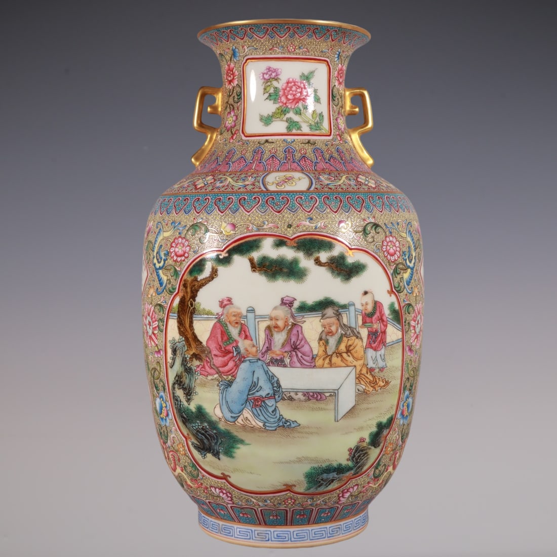 An Exquisite Famille-Rose Lotus Pattern Character and Story Pattern Double-Ears Vase: An Exquisite Famille-Rose Lotus Pattern Character and Story Pattern Double-Ears Vase Qing Dynasty, China Qianlong Six-character Mark Size:12.2inx7.5in粉彩开窗人物&#