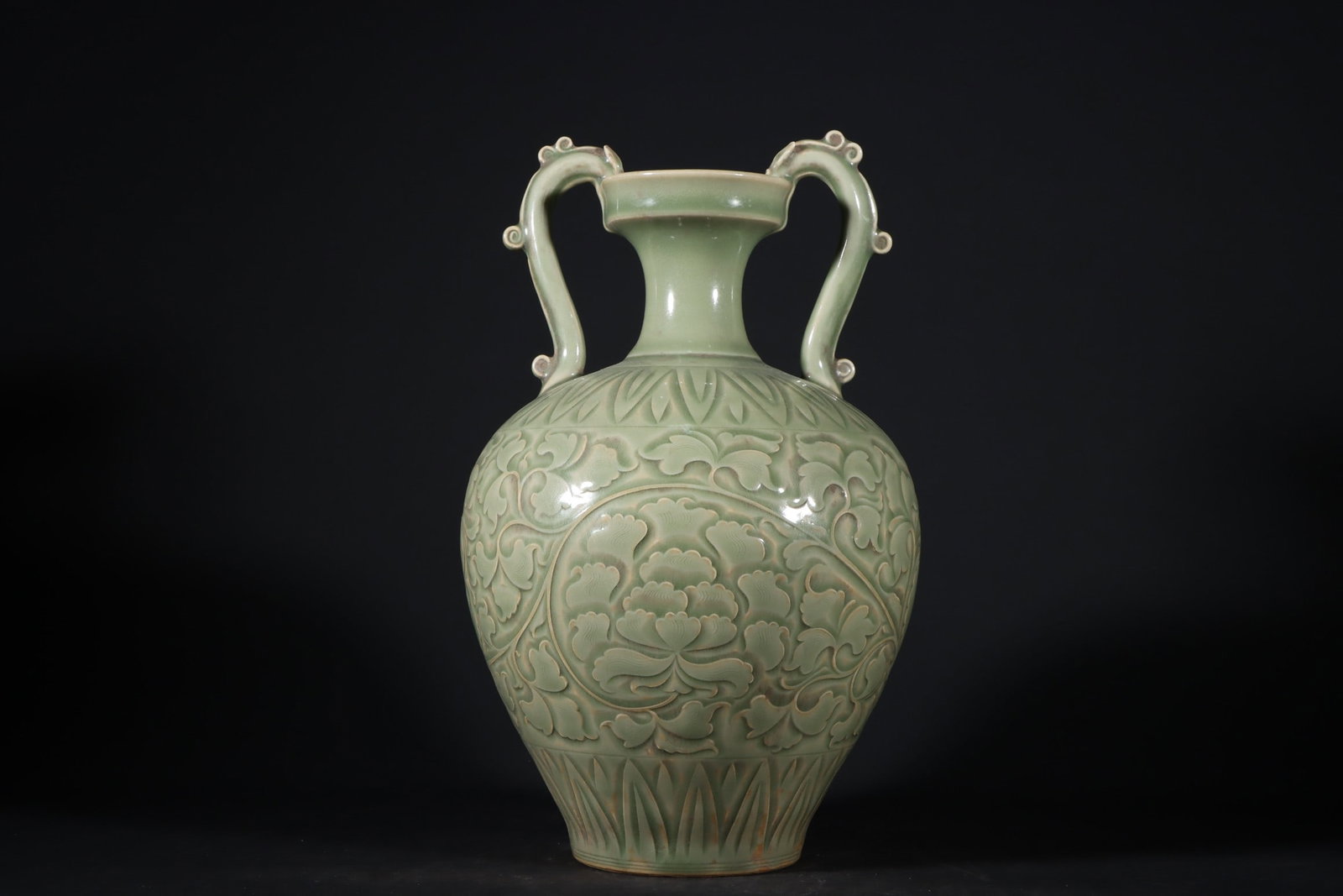 An Exquisite Yaozhou yao Celadon Glazed Flower Pattern Double-Ears Vase: An Exquisite Yaozhou yao Celadon Glazed Flower Pattern Double-Ears Vase Song Dynasty, China
