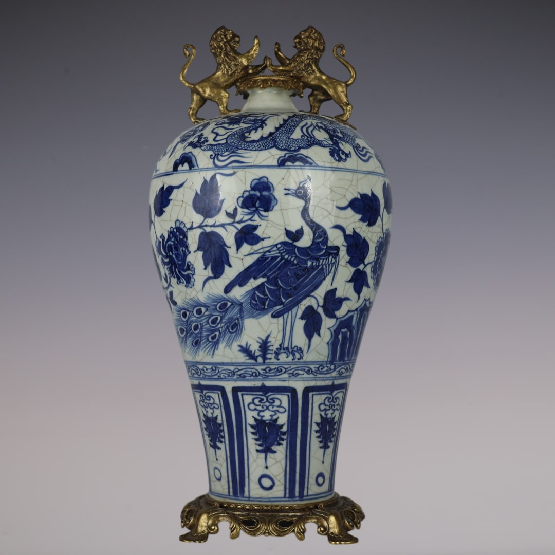 An Exquisite Blue and White Inlaid Bronze Dragon and Phoenix Pattern Double-Ears Vase: An Exquisite Blue and White Inlaid Bronze Dragon and Phoenix Pattern Double-Ears Vase Yuan Dynasty, China