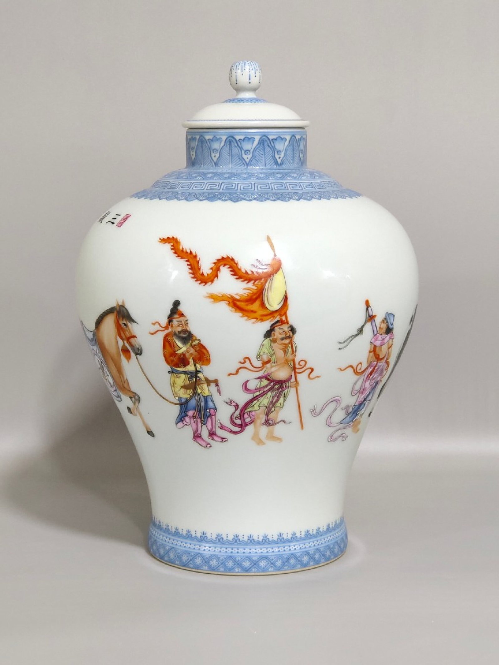 An Exquisite Blue and White Famille-Rose Figure and Horse Pattern Tea Caddy,With Poem: An Exquisite Blue and White Famille-Rose Figure and Horse Pattern Tea Caddy,With Poem,Qing Dynasty,China,Qianlong Six-character Mark,Size:8.3inx5.5in 青花粉彩人物&#