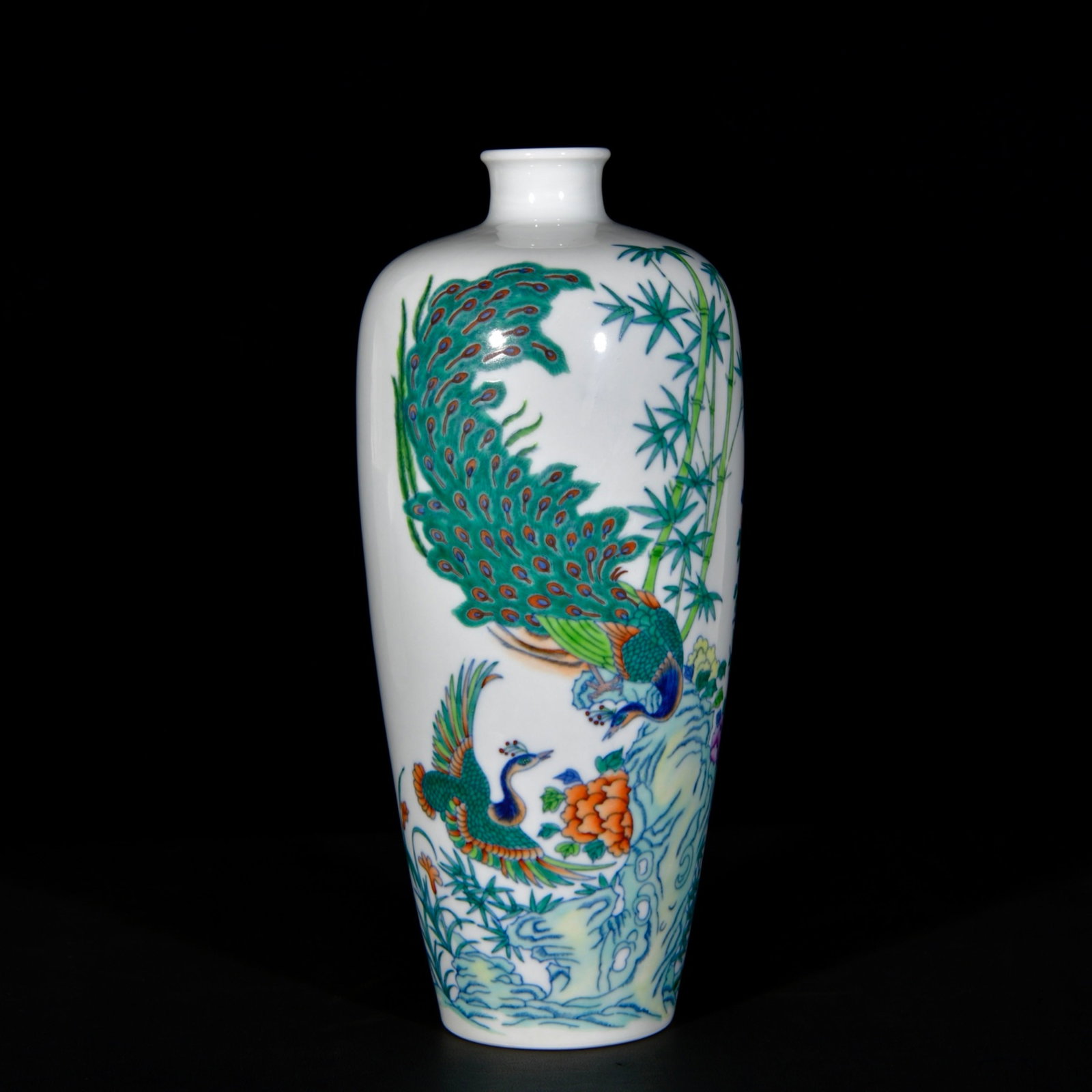 A Rare Doucai Peony and Peacock Pattern Vase,With Poem: A Rare Doucai Peony and Peacock Pattern Vase,With Poem,Qing Dynasty,China,Qianlong Six-character Mark,Size:12.6inx5.5in 斗彩牡丹孔雀纹瓶,带诗