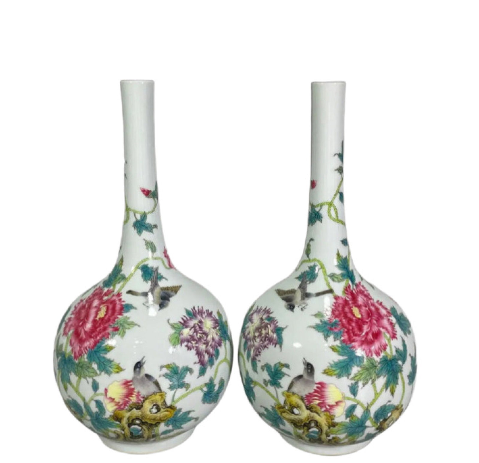 A Pair of Exquisite Famille-Rose Flower and Bird Pattern Vases: A Pair of Exquisite Famille-Rose Flower and Bird Pattern Vases,With Poem,Qing Dynasty, China,Yongzheng Six-character Mark,Size:10.2inx5.1in 一对粉彩花鸟纹