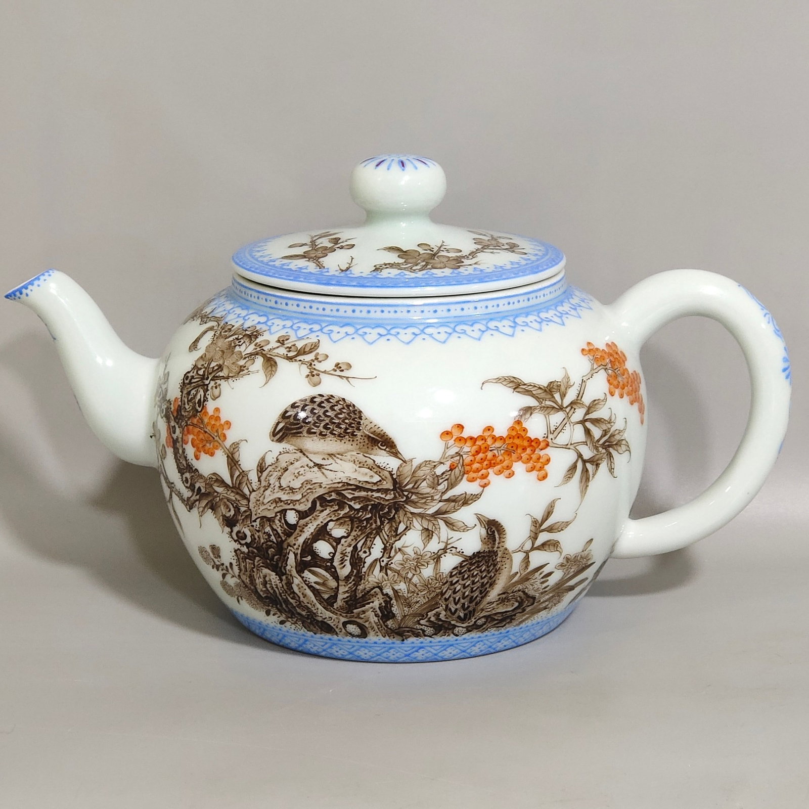 An Exquisite Blue and White Ink Color Iron-Red Flower and Bird Pattern Teapot,With Poem: An Exquisite Blue and White Ink Color Iron-Red Flower and Bird Pattern Teapot,With Poem,Qing Dynasty,China,Yongzheng Six-character Mark,Size:4.7inx7.3in 青花墨彩矾红