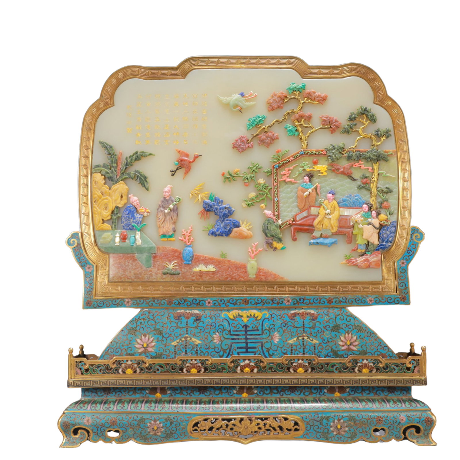 A Exquisite Cloisonne Inlaid Gems Character and Story Pattern Bats and Peach Pattern with poem: A Exquisite Cloisonne Inlaid Gems Character and Story Pattern Bats and Peach Pattern with poem Ornament Qing Dynasty, China Qianlong Four-character Mark ,Size:21.1inx3.9inx22.8in Weight:13600g 景