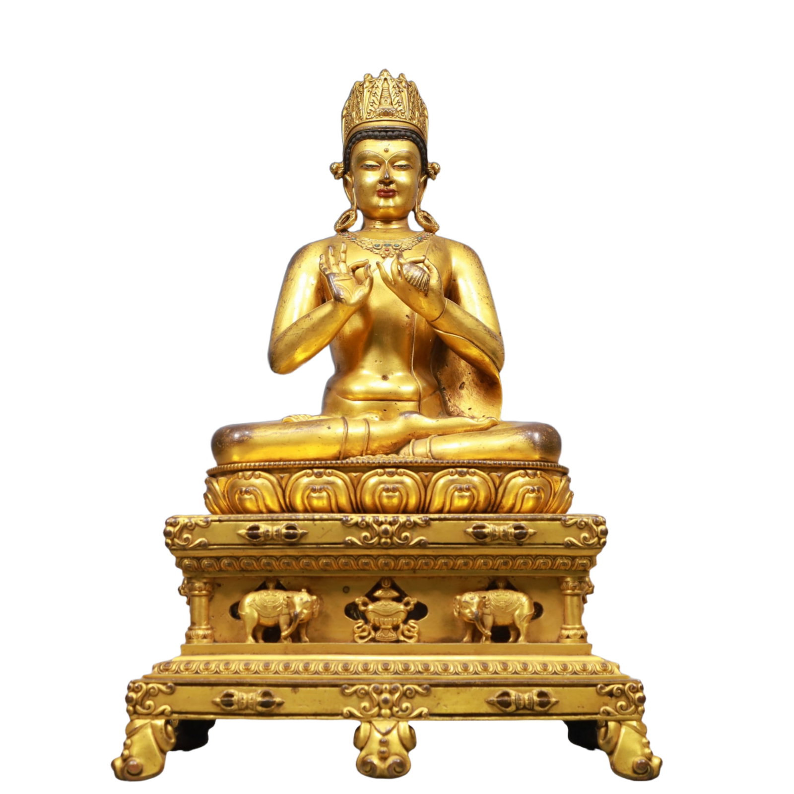 A Solemn Gilt Bronze Statue of Amitayus, Inlaid Gems, With Inscription: A Solemn Gilt Bronze Statue of Amitayus, Inlaid Gems, With Inscription, Ming Dynasty, China, Qianlong Mark, Size:8.7inx9.4inx20.1in, Weight:14950g 铜鎏金无量寿Ë