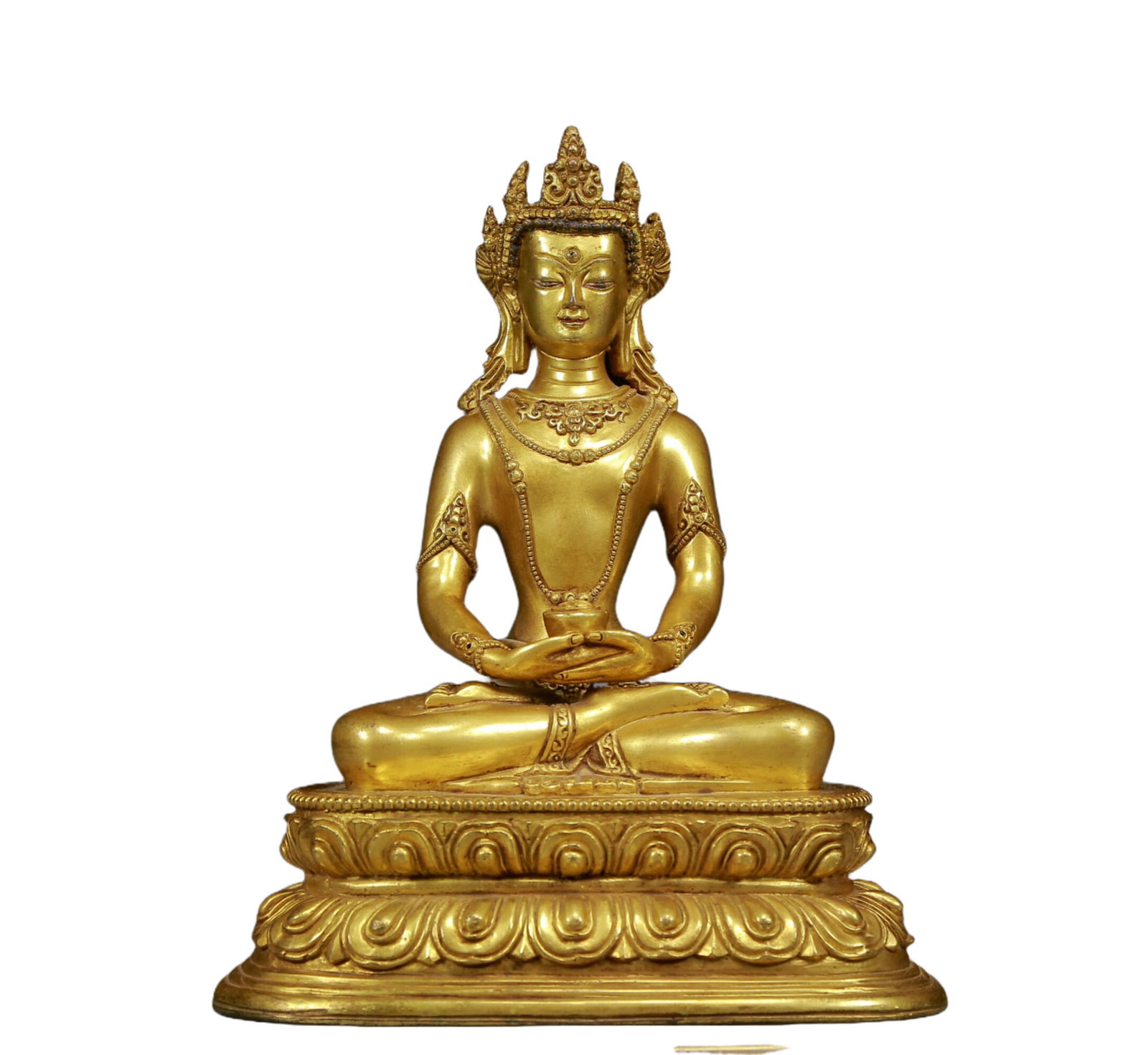 A Solemn Gilt Bronze Statue of Amitayus: A Solemn Gilt Bronze Statue of Amitayus,Ming Dynasty, China,Yongle Six-character Mark,Size:7.1inx4.7inx9.1in,Weight:2615g 铜鎏金无量寿佛像，਴