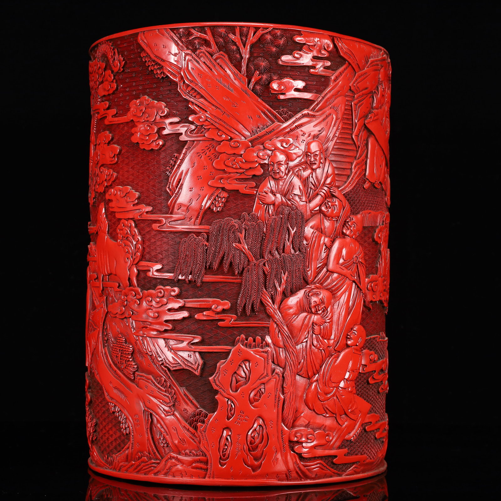 A Rare Carved Red Lacquer Figure Pattern Brush Pot: A Rare Carved Red Lacquer Figure Pattern Brush Pot,Qing Dynasty, China,Qianlong Four-character Mark,Size:9.8inx13.8in,Weight:4550g 剔红漆器人物纹笔Ļ