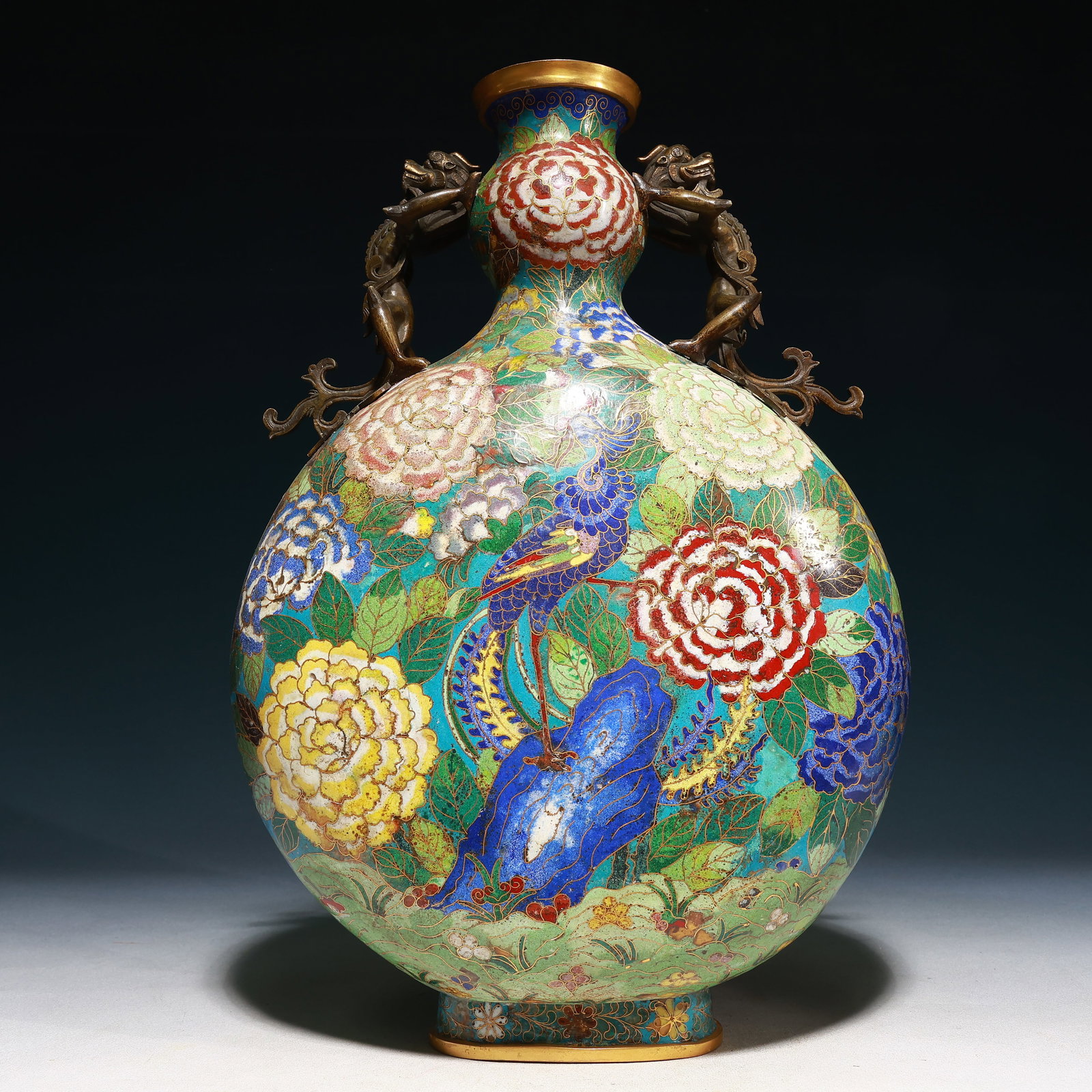A Huge Cloisonne Peony and Phoenix Pattern Dragon-Ears Vase: A Huge Cloisonne Peony and Phoenix Pattern Dragon-Ears Vase,Qing Dynasty,China,Size:12.2inx5.1inx18.1in,Weight:39500g 景泰蓝牡丹凤纹龙耳瓶,&