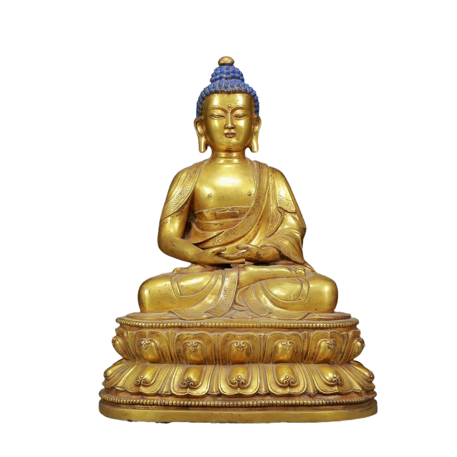 A Solemn Gilt Bronze Statue of Sakyamuni: A Solemn Gilt Bronze Statue of Sakyamuni,Qing Dynasty, China,Qianlong Seven-character Mark,Size:10.2inx7.9inx11.8in,Weight:9095g