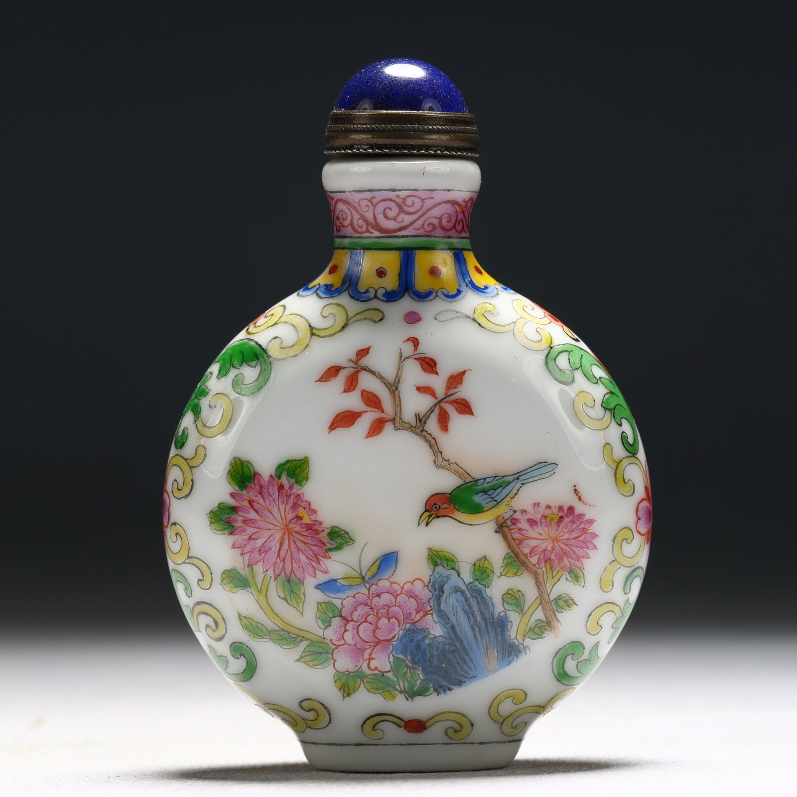 An Exquisite Enamel Flower and Bird Pattern Porcelain Snuff Bottle: An Exquisite Enamel Flower and Bird Pattern Porcelain Snuff Bottle,Qing Dynasty, China,Qianlong Mark,Size:2.2inx0.8inx3.1in 瓷胎画珐琅彩花鸟纹(