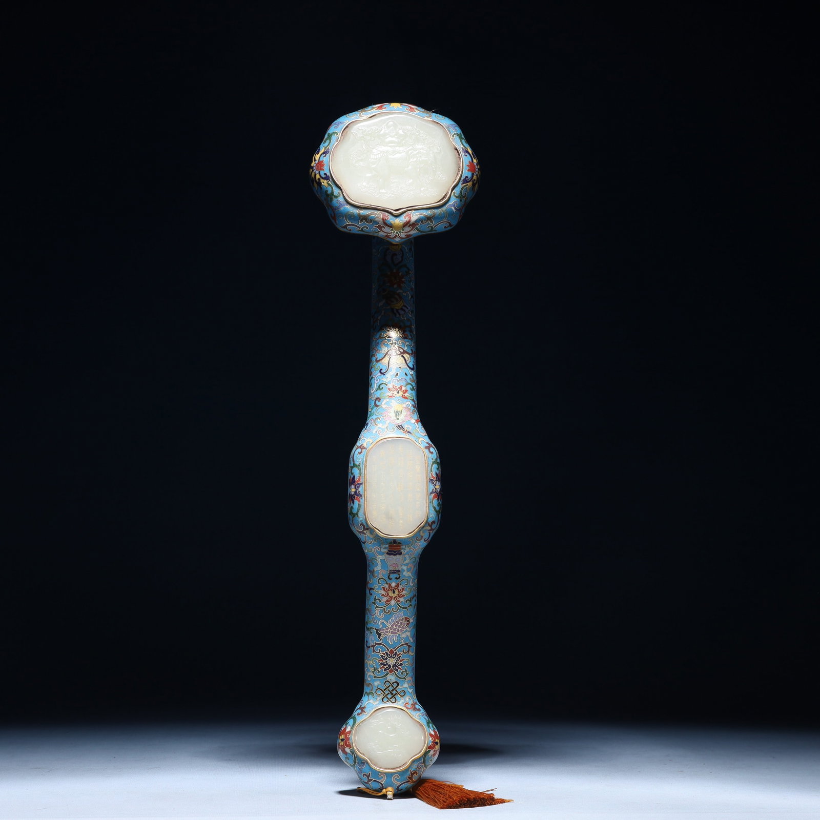 An Exquisite Cloisonne Inlaid White Jade Flower Pattern Ruyi: An Exquisite Cloisonne Inlaid White Jade Flower Pattern Ruyi, Qing Dynasty,China, Qianlong Four-character Mark, Size:17.7inx4.3inx3.5in,(Box)21.7inx7.5inx5.9in,Weight:950g