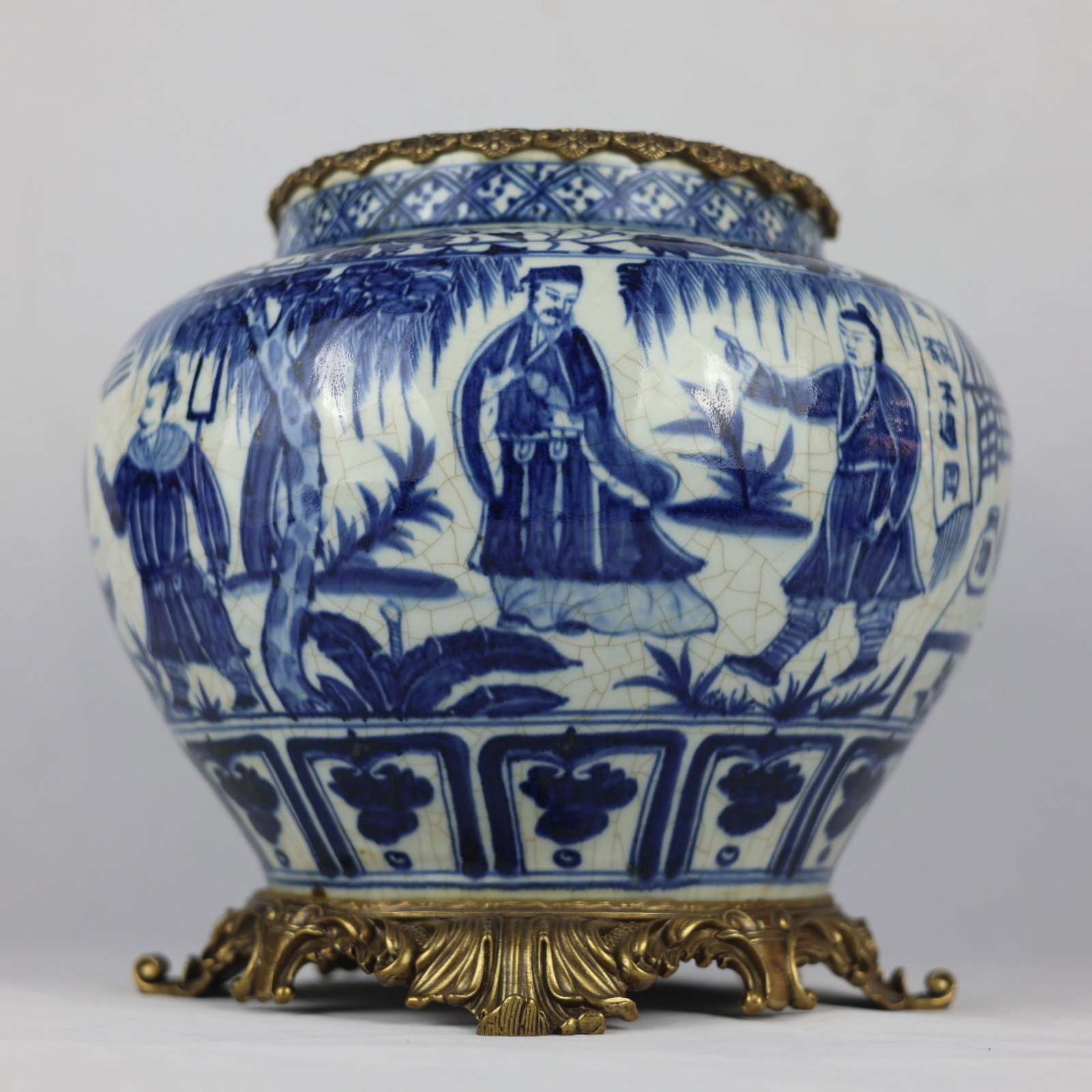 A Rare Blue and White Inlaid Bronze Character and Story Pattern Jar: A Rare Blue and White Inlaid Bronze Character and Story Pattern Jar,Qing Dynasty,China,Size:13inx8.3inx11.8inx11.4in 青花镶铜人物故事纹罐,&#