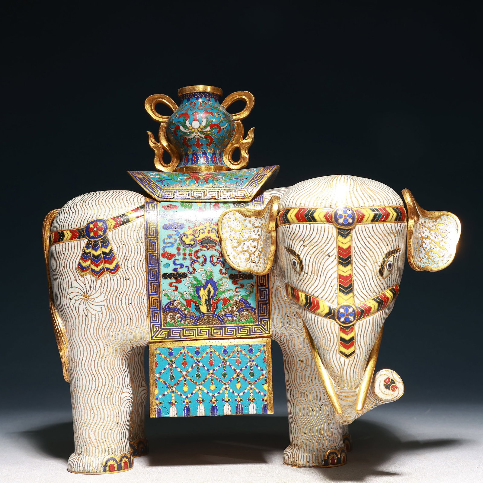 A Rare Cloisonne Lotus,Auspicious Cloud Pattern Elephant Ornament: A Rare Cloisonne Lotus,Auspicious Cloud Pattern Elephant Ornament,Qing Dynasty,China,Size:12inx7.3inx11in,Weight:3150g