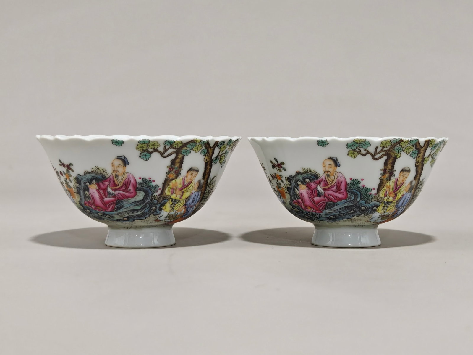 A Pair of Exquisite Famille-Rose Figure Pattern Cups: A Pair of Exquisite Famille-Rose Figure Pattern Cups,Qing Dynasty,China,Yongzheng Six-character Mark,Size:2inx3.6in 一对粉彩人物纹杯,中国