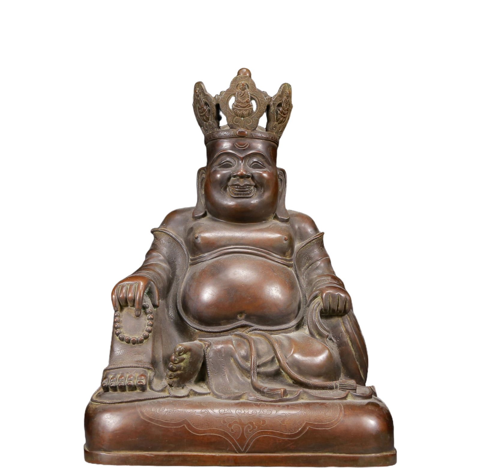 A Solemn Bronze Statue of Maitreya Buddha: A Solemn Bronze Statue of Maitreya Buddha,Ming Dynasty, China,Size:13.8inx11inx17.7in,Weight:16200g 铜弥勒佛像，明代