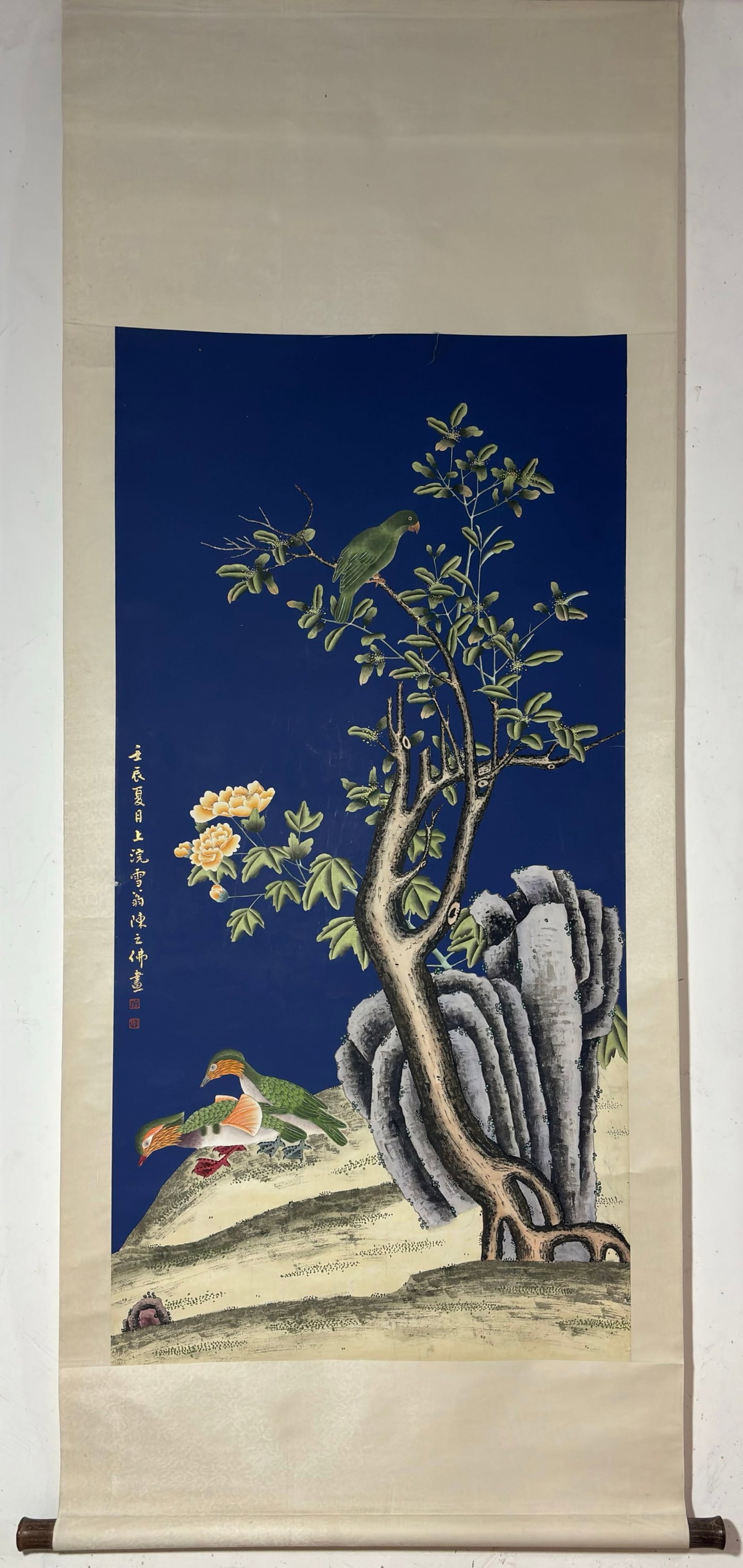 A Chinese Vertical Scroll Ink Painting of Flower and Bird on Paper,Chen Zhifo: A Chinese Vertical Scroll Ink Painting of Flower and Bird on Paper,Chen Zhifo,Size:(Without frame)50.6inx25.2in 一幅中国水墨花鸟画立轴