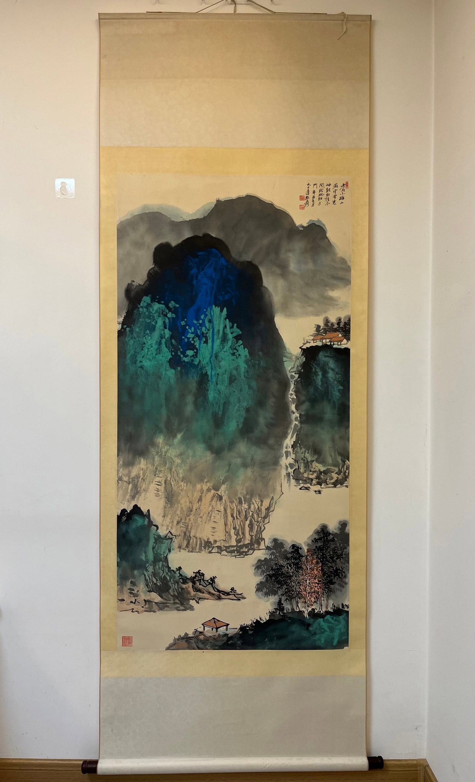 A Chinese Vertical Scroll Ink Painting of Landscape on Paper,Zhang Daqian: A Chinese Vertical Scroll Ink Painting of Landscape on Paper,Zhang Daqian,Size:(Without frame)26.4inx53.9in 一幅中国水墨山水画立轴,