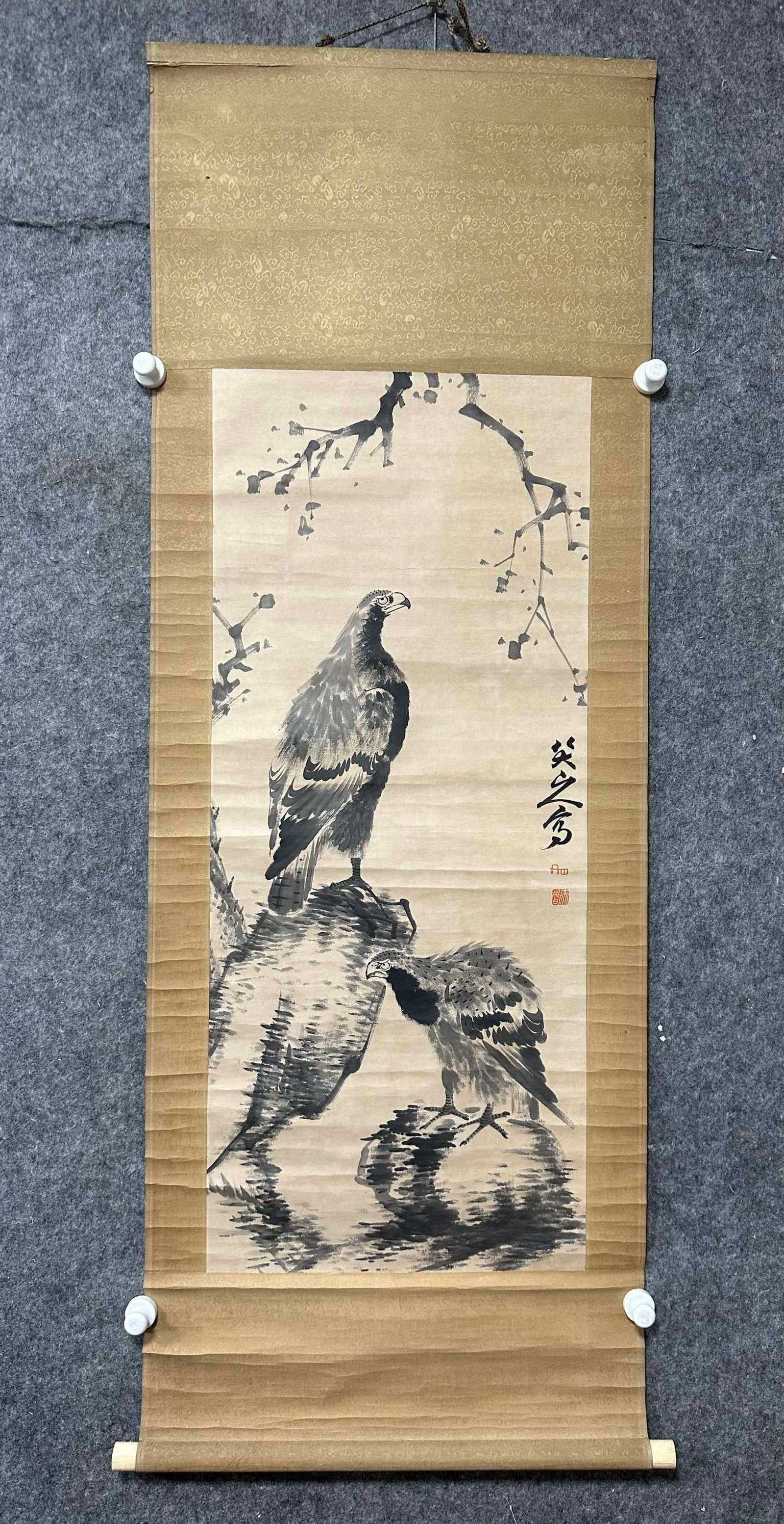 A Chinese Vertical Scroll Ink Painting of Eagle on Paper,Bada Shanren: A Chinese Vertical Scroll Ink Painting of Eagle on Paper,Bada Shanren,Size:(Without frame)16.1inx38.2in一幅中国水墨鹰图立轴,八大