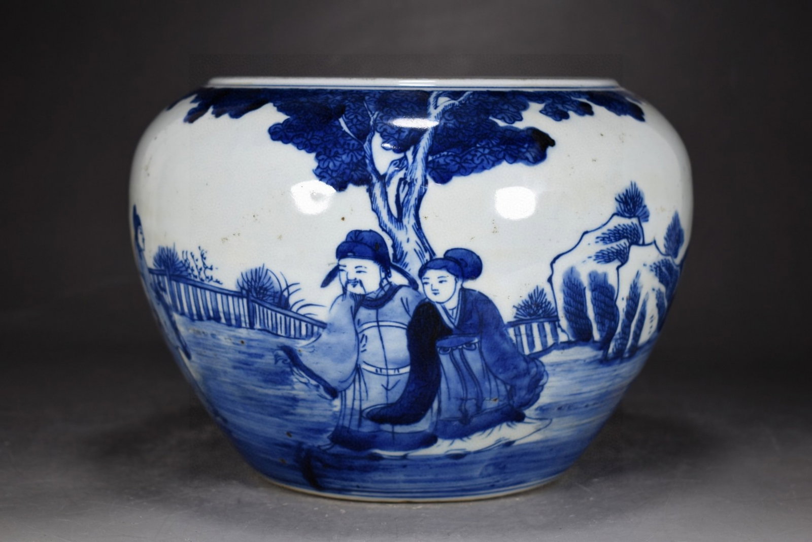 An Exquisite Blue and White Landscape and Figure Pattern Brush Washer: An Exquisite Blue and White Landscape and Figure Pattern Brush Washer,Qing Dynasty,China,Size:8.3inx10.2in 青花山水人物纹笔洗,中国