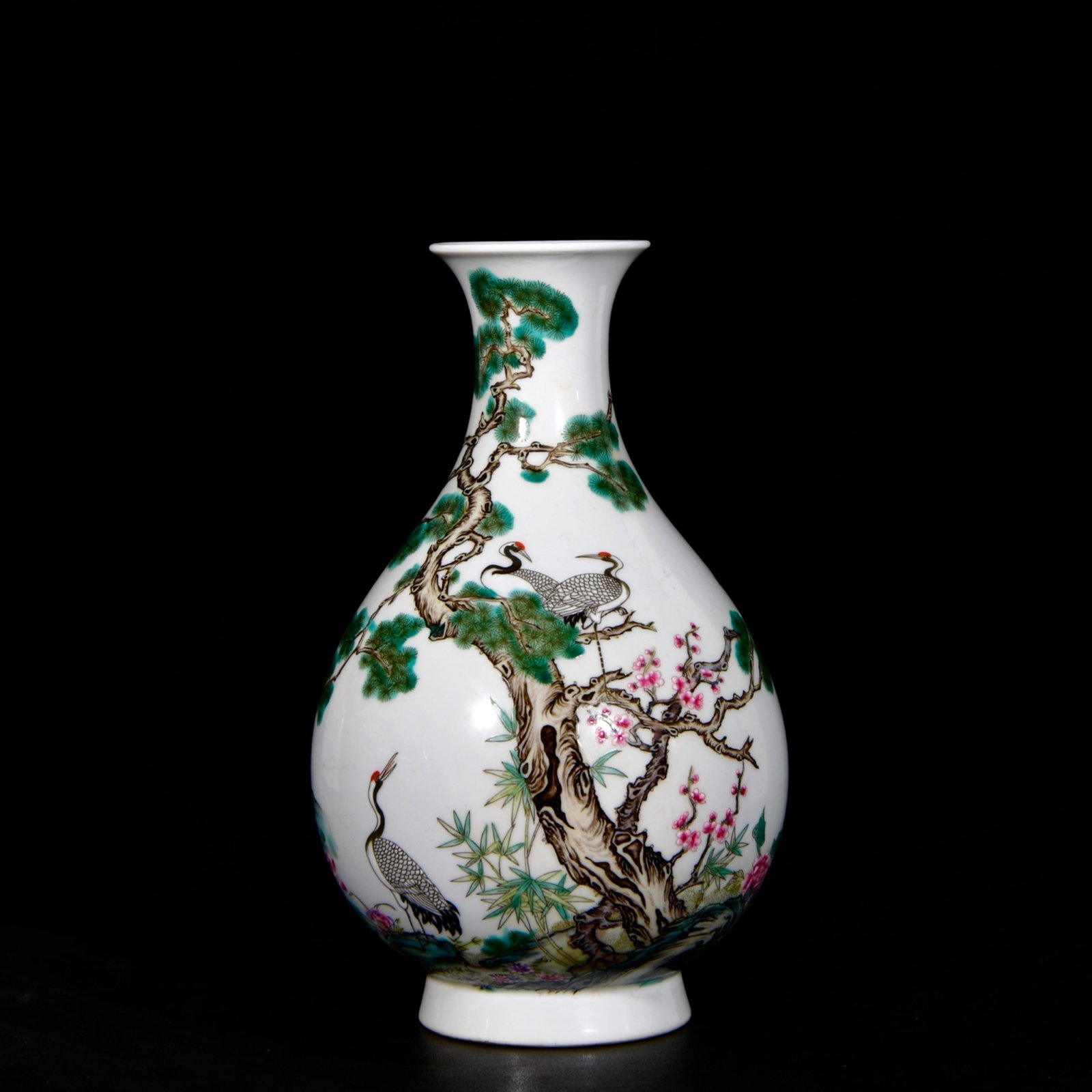 An Exquisite Enamel Pine and Crane Pattern Vase,With Poem: An Exquisite Enamel Pine and Crane Pattern Vase,With Poem,Qing Dynasty,China,Yongzheng Four-character Mark,Size:9.4inx5.9in 珐琅彩松鹤纹瓶,带诗