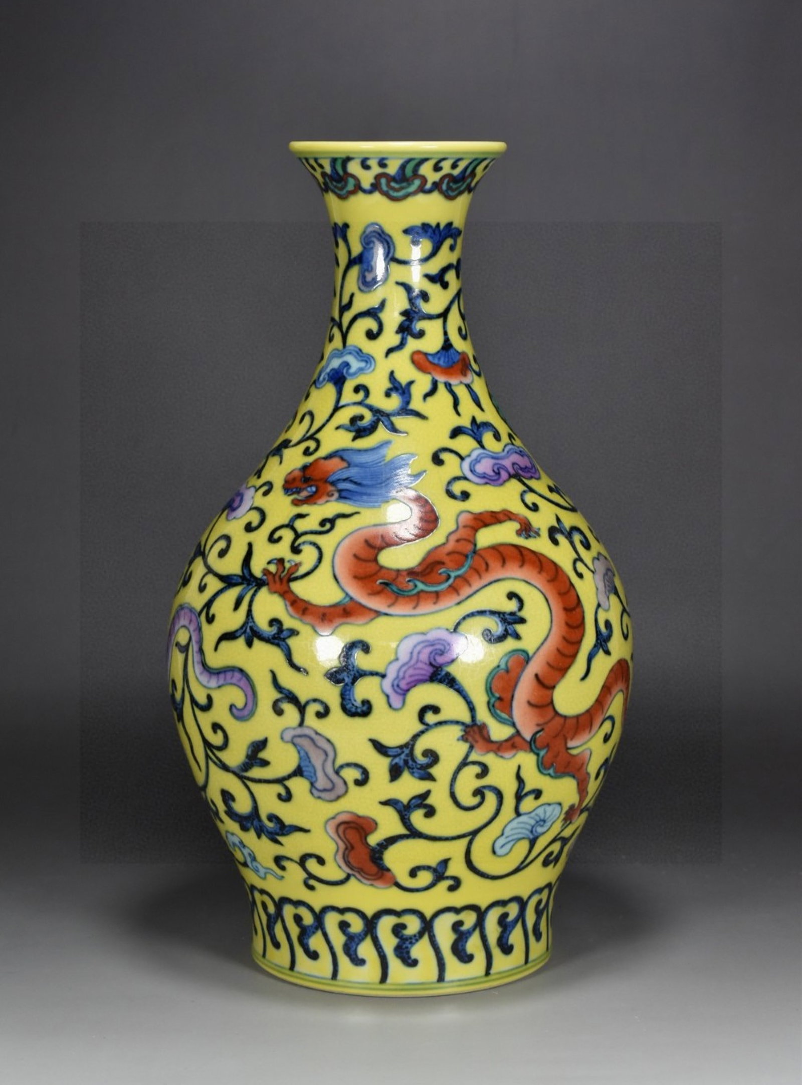 A Rare Guan yao Yellow Glazed Doucai Ganoderma lucidum and Dragon Pattern Vase: A Rare Guan yao Yellow Glazed Doucai Ganoderma lucidum and Dragon Pattern Vase,Qing Dynasty,China,Qianlong Six-character Mark,Size:12.6inx7.1in 官窑黄釉斗彩灵