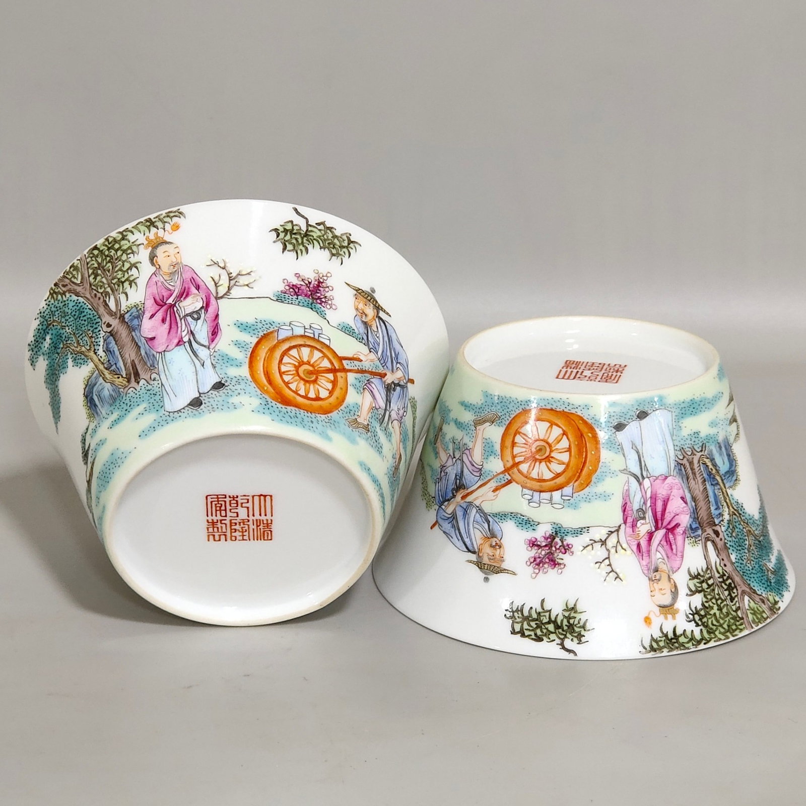 A Pair of Exquisite Famille-Rose Figure Pattern Cups,With Poem: A Pair of Exquisite Famille-Rose Figure Pattern Cups,With Poem,Qing Dynasty,China,Qianlong Six-character Mark,Size:1.9inx3.5in 一对粉彩人物纹杯,带