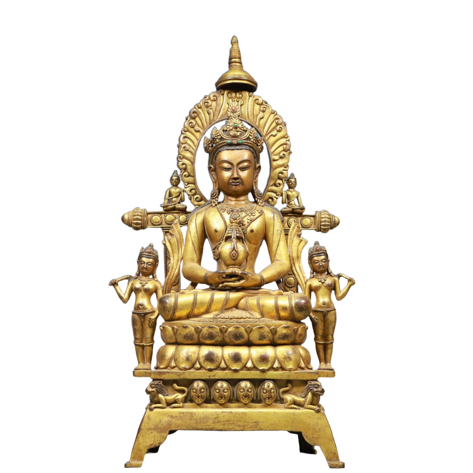 A Solemn Gilt Bronze Statue of Avalokitesvara, Inlaid Gems, With Inscription: A Solemn Gilt Bronze Statue of Avalokitesvara, Inlaid Gems, With Inscription, Ming Dynasty, China, Size:14.6inx8.3inx28.3in, Weight:18350g 铜鎏金观音像,嵌