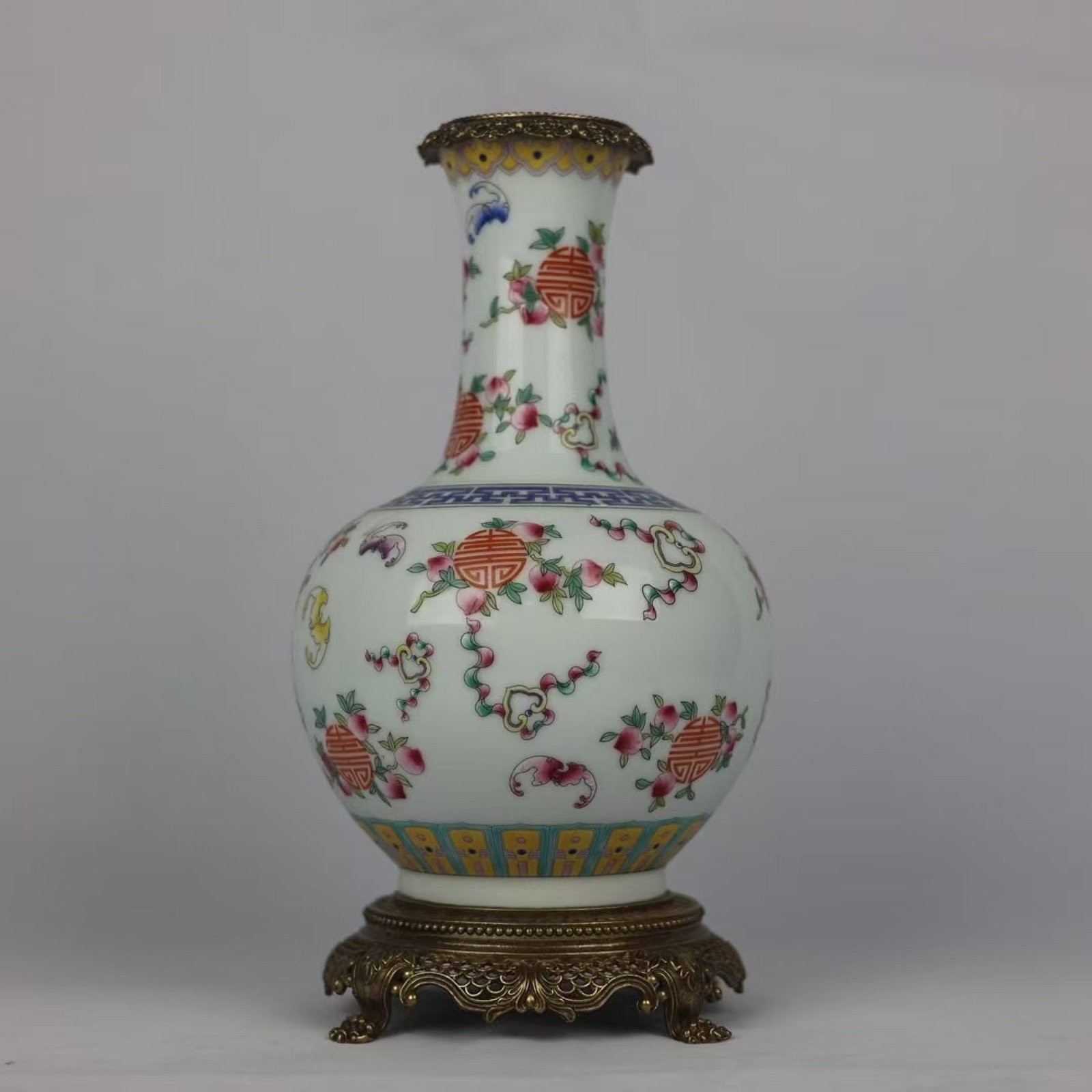 An Exquisite Famille-Rose Inlaid Bronze Bats and Peach Pattern Vase: An Exquisite Famille-Rose Inlaid Bronze Bats and Peach Pattern Vase,Qing Dynasty,China,Qianlong Six-character Mark,Size:11inx2.2inx5.5inx5.1in