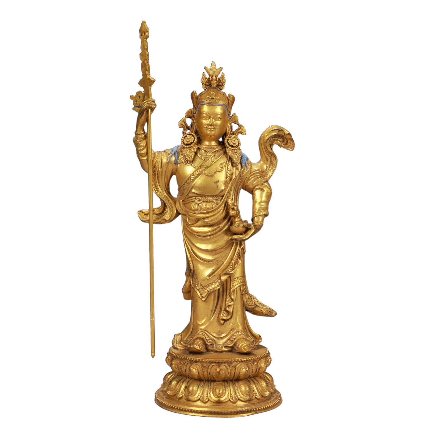 A Solemn Gilt Bronze Statue of Padma Sambhava: A Solemn Gilt Bronze Statue of Padma Sambhava,Qing Dynasty, China,Size:3.7inx11.4in,Weight:1050g 铜鎏金莲花生大士像,中国清ߣ