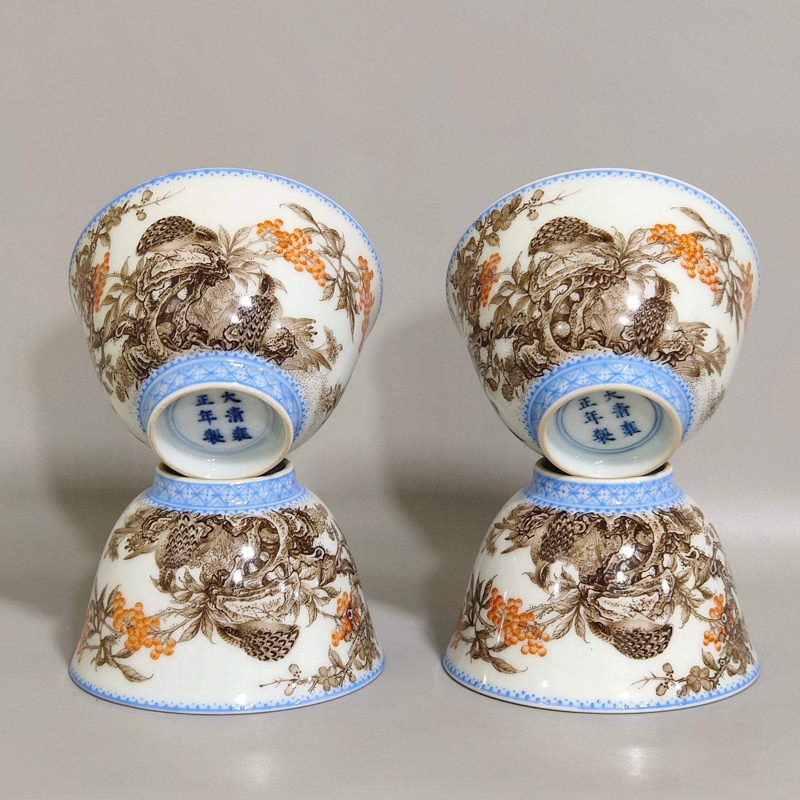 A Set of Fine Ink Color Iron-Red Flower and Bird Pattern Cups,With Poem: A Set of Fine Ink Color Iron-Red Flower and Bird Pattern Cups,With Poem,Qing Dynasty,China,Yongzheng Six-character Mark,Size:2inx3in 一套墨彩矾红釉花