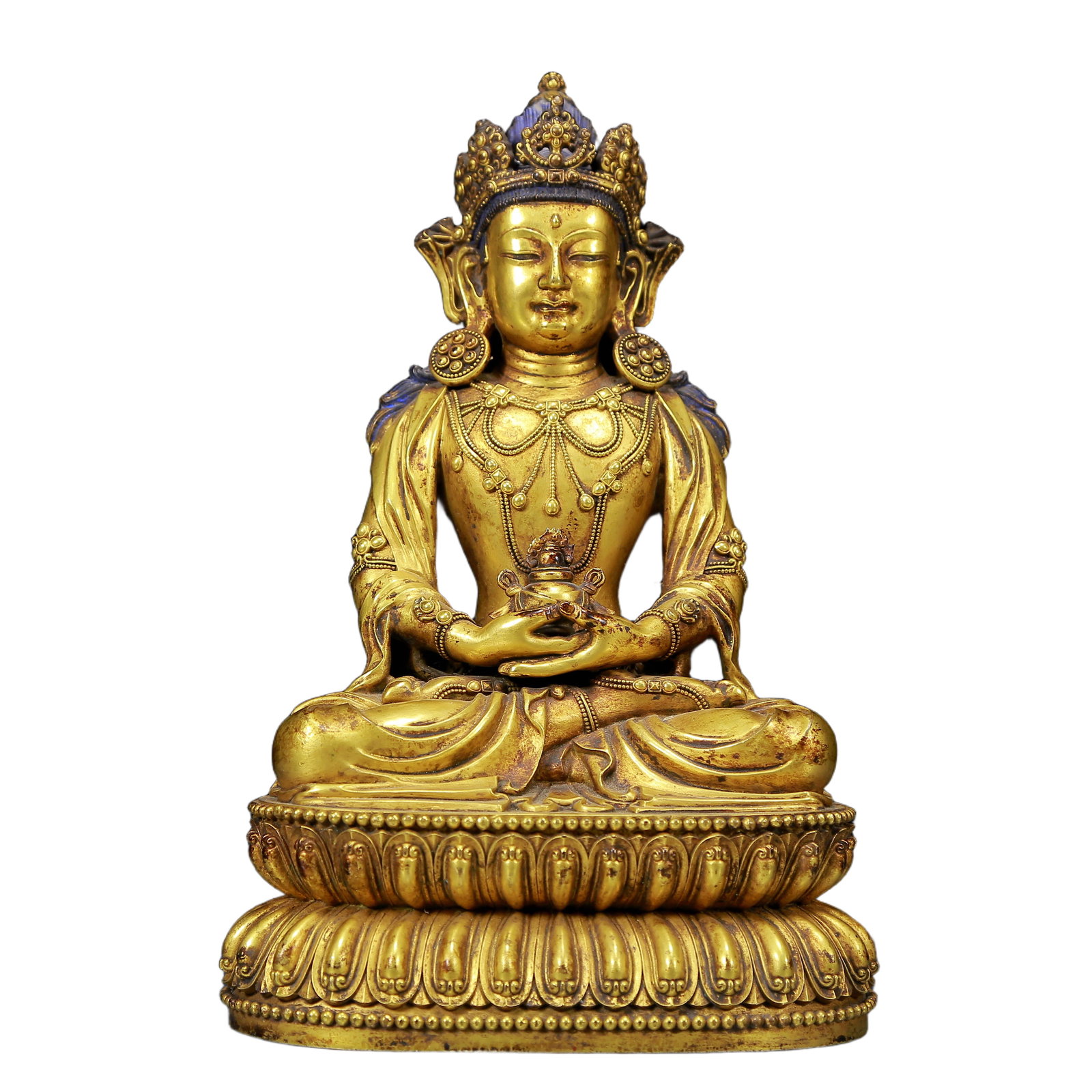A Solemn Gilt Bronze Statue of Amitayus: A Solemn Gilt Bronze Statue of Amitayus,Ming Dynasty, China,Yongle Six-character Mark,Size:5.9inx4.3inx9.1in,Weight:2370g 铜鎏金无量寿佛像，਴
