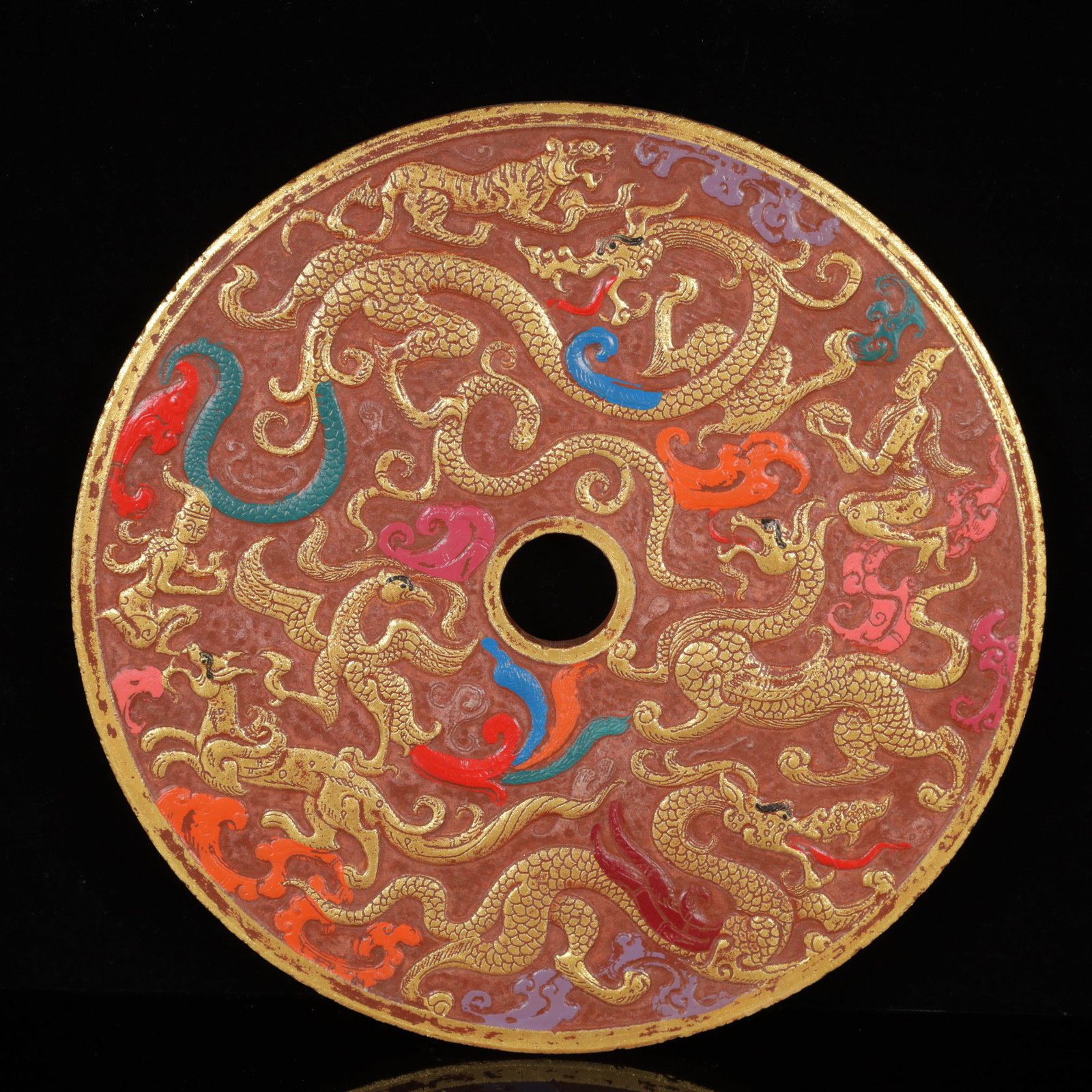 An Exquisite Yellow Jade Gilt Dragon Pattern Jade Pendant,with Poem: An Exquisite Yellow Jade Gilt Dragon Pattern Jade Pendant,with Poem,Qing Dynasty,China,Size:11inx0.8in,Weight:2000g 黄玉鎏金龙纹玉佩,带诗