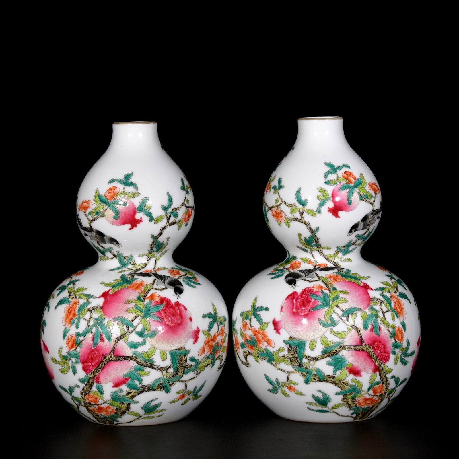 A Pair of Exquisite Enamel Pomegranate and Bird Pattern Gourd Vases,With Poem: A Pair of Exquisite Enamel Pomegranate and Bird Pattern Gourd Vases,With Poem,Qing Dynasty,China,Yongzheng Four-character Mark,Size:8.7inx5.5in 一对珐琅彩石榴