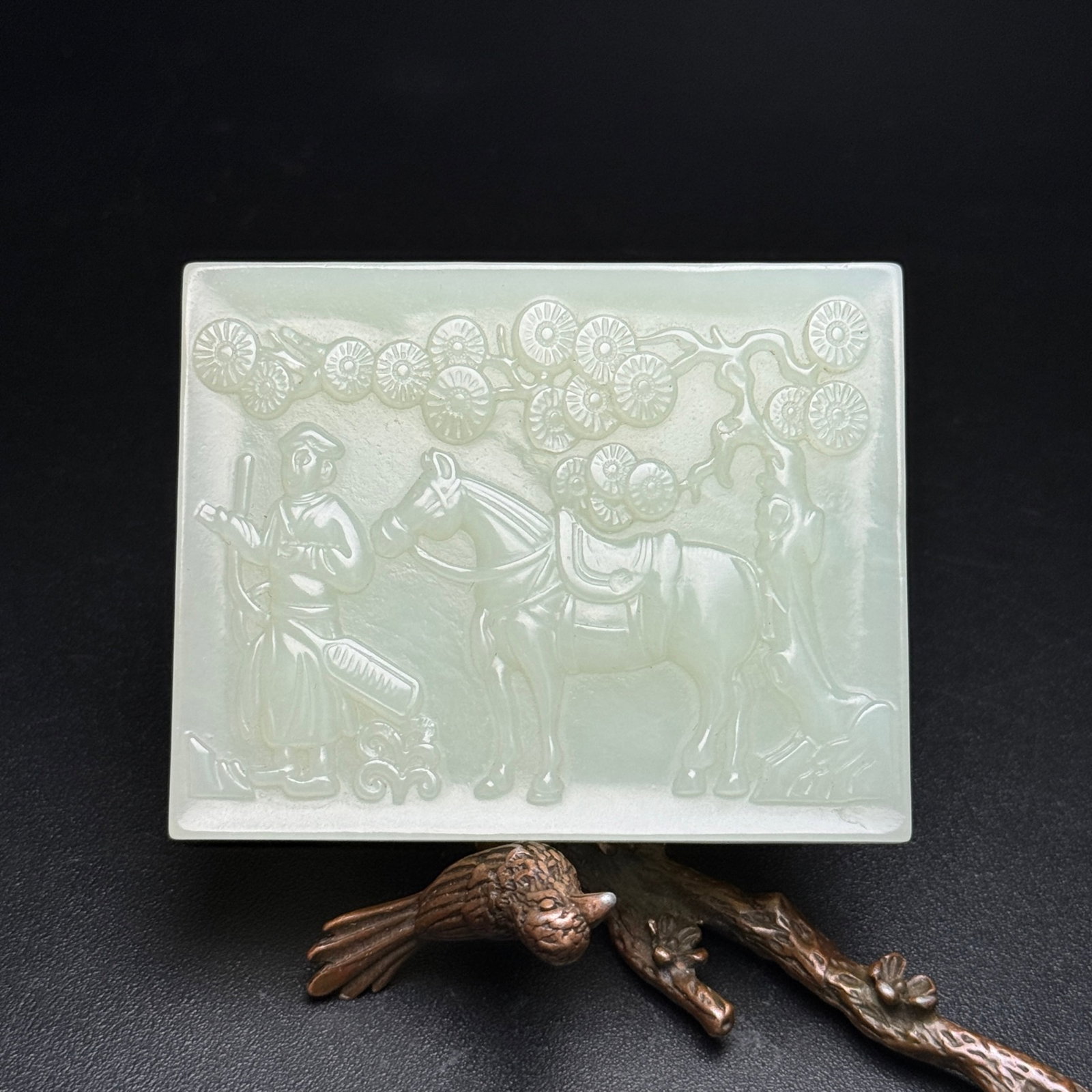An Exquisite White Jade Figure Horse Pattern Ornament: An Exquisite White Jade Figure Horse Pattern Ornament,Qing Dynasty,China,Size:74mmx59mmx8mm,Weight:89g 白玉人物马纹摆件,中国清代