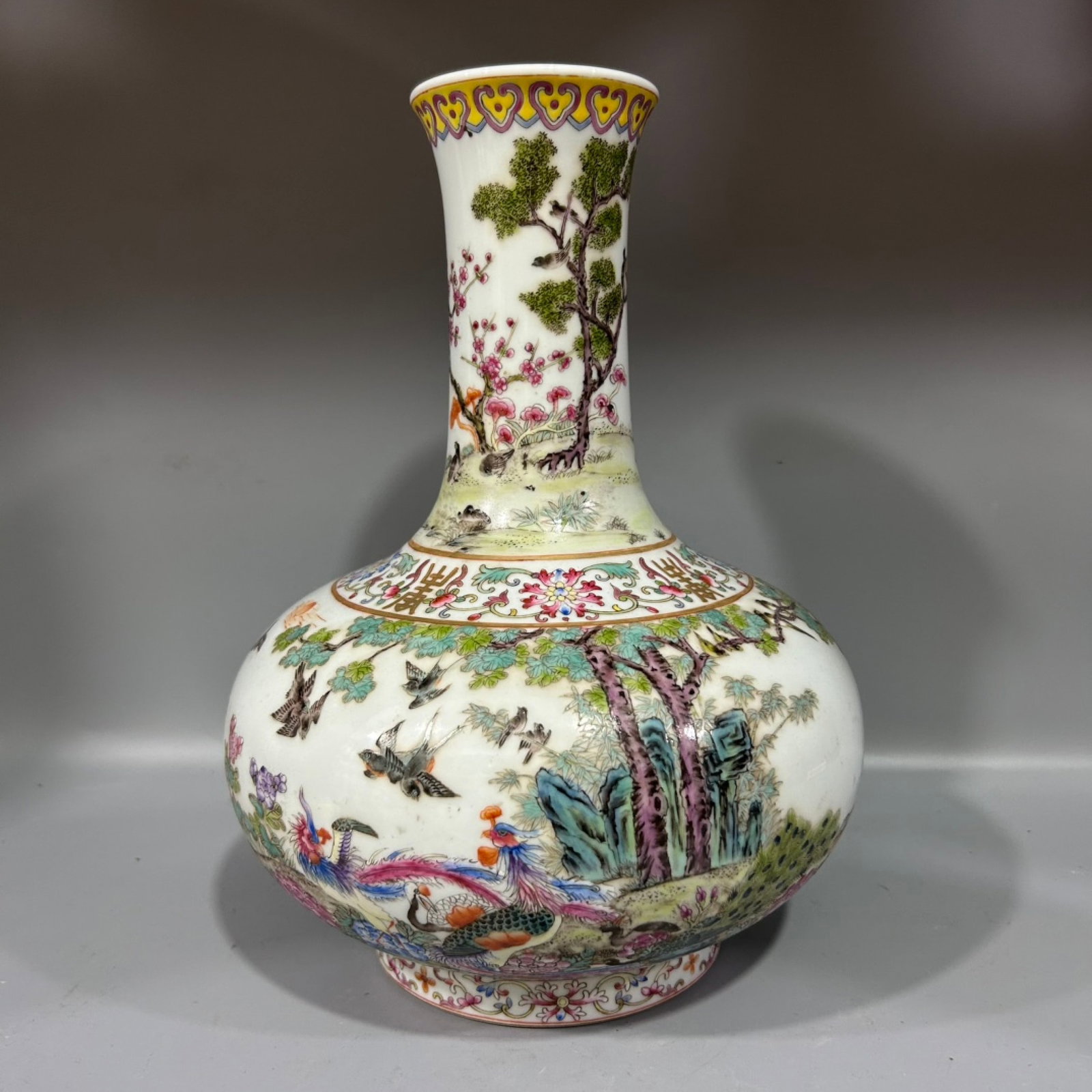 An Exquisite Famille-Rose Flower and Bird Pattern Vase: An Exquisite Famille-Rose Flower and Bird Pattern Vase,Qing Dynasty,China,Yongzheng Six-character Mark,Size:6.3inx11in 粉彩花鸟纹瓶,中国清代