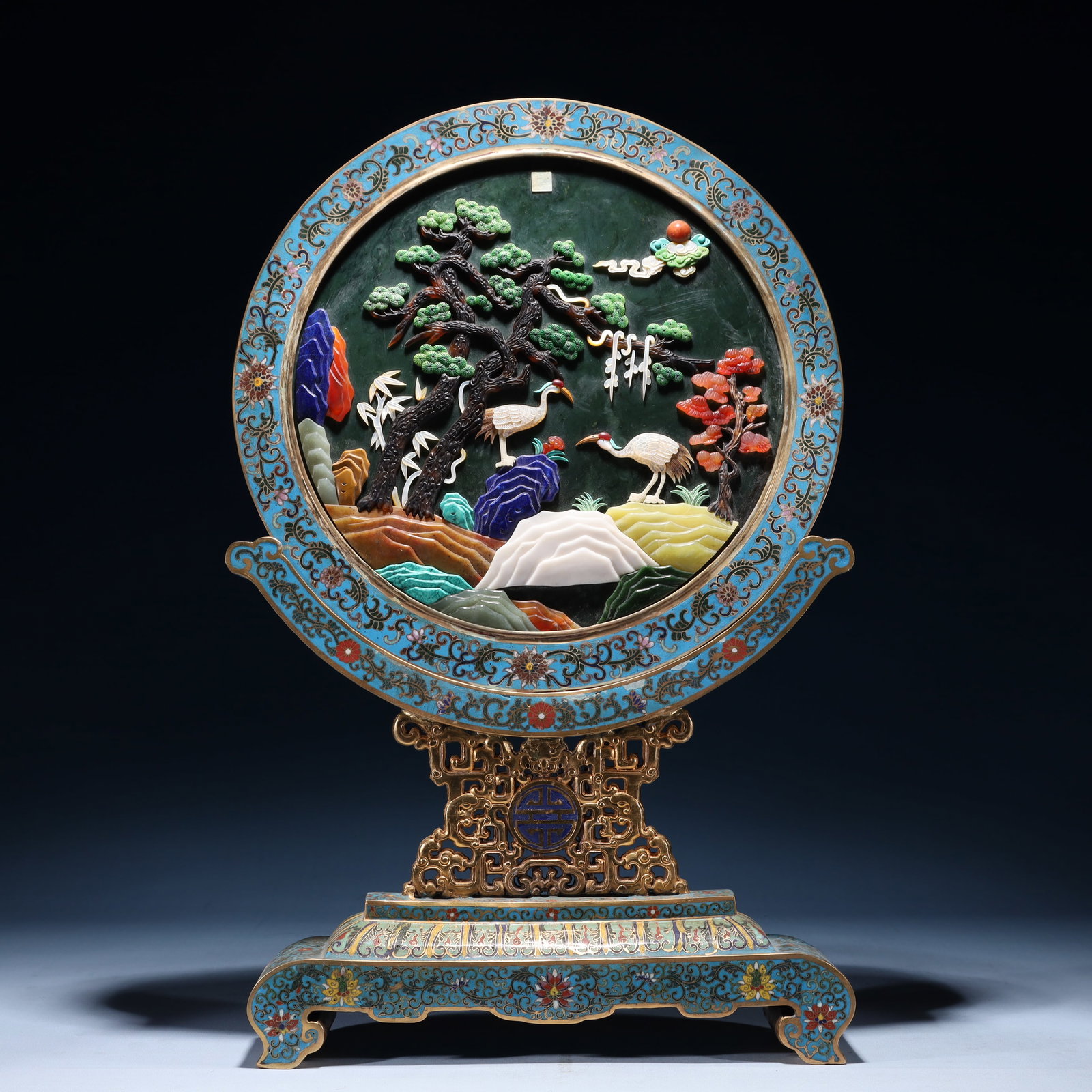 An Exquisite Cloisonne Inlaid Jasper Flower and Bird Pattern Table Screen, Inlaid Gems, with poem: An Exquisite Cloisonne Inlaid Jasper Flower and Bird Pattern Table Screen, Inlaid Gems, with poem, Qing Dynasty,China, Qianlong Four-character Mark, Size:15inx3.3inx24.4in,Weight:6650g 景泰