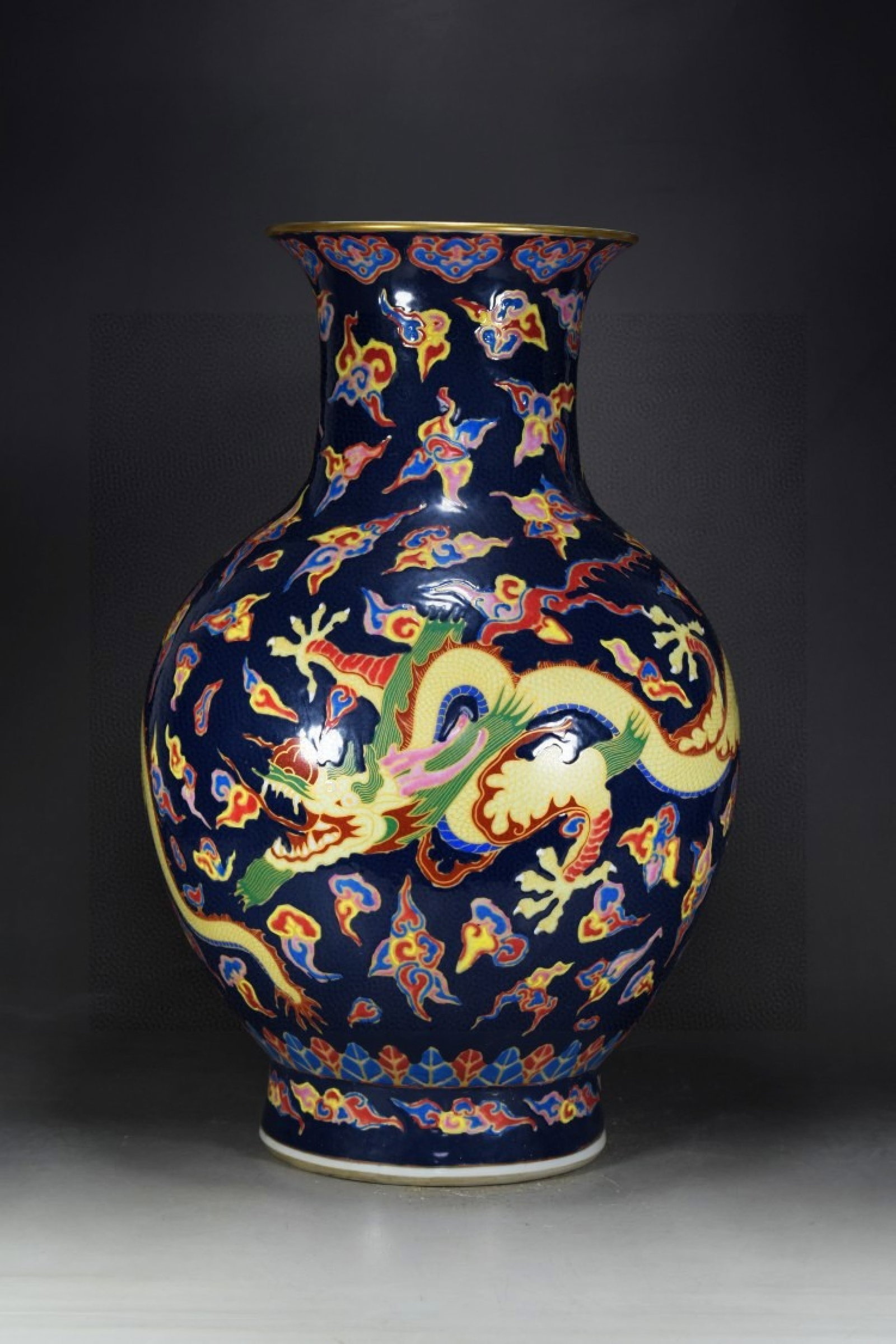 A Huge Ji Blue Glazed Famille-Rose Painted Gold Auspicious Cloud and Dragon Pattern Vase: A Huge Ji Blue Glazed Famille-Rose Painted Gold Auspicious Cloud and Dragon Pattern Vase,Qing Dynasty,China,Qianlong Six-character Mark,Size:18.9inx12.6in 霁蓝釉粉彩ÿ