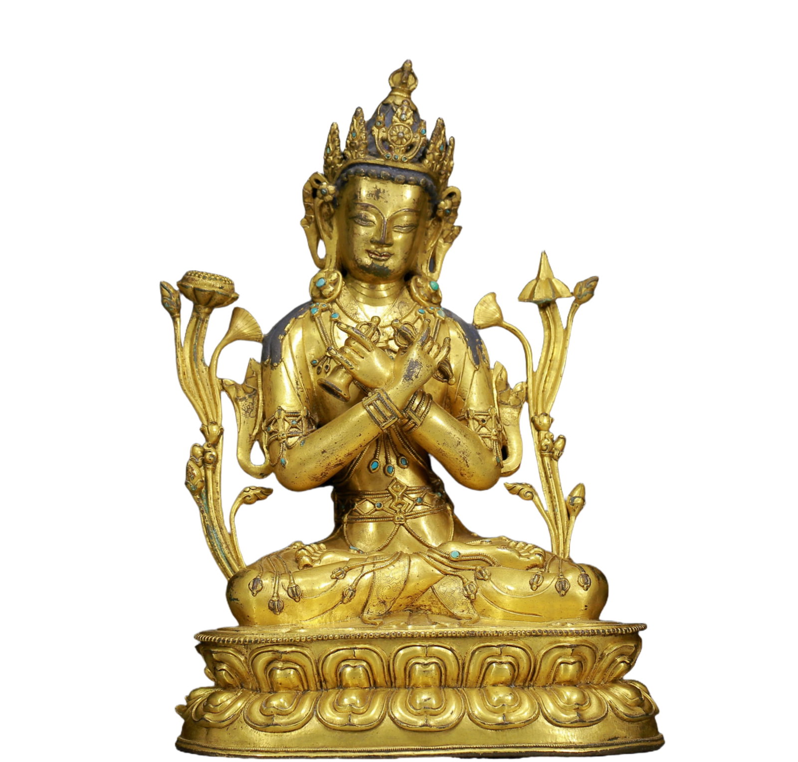 A Solemn Gilt Bronze Inlaid Turquoise Statue of Vajrasattva: A Solemn Gilt Bronze Inlaid Turquoise Statue of Vajrasattva,Ming Dynasty, China,Size: 9.8inx7.1inx13.8in,Weight:7075g 铜鎏金嵌绿松石金刚萨&#