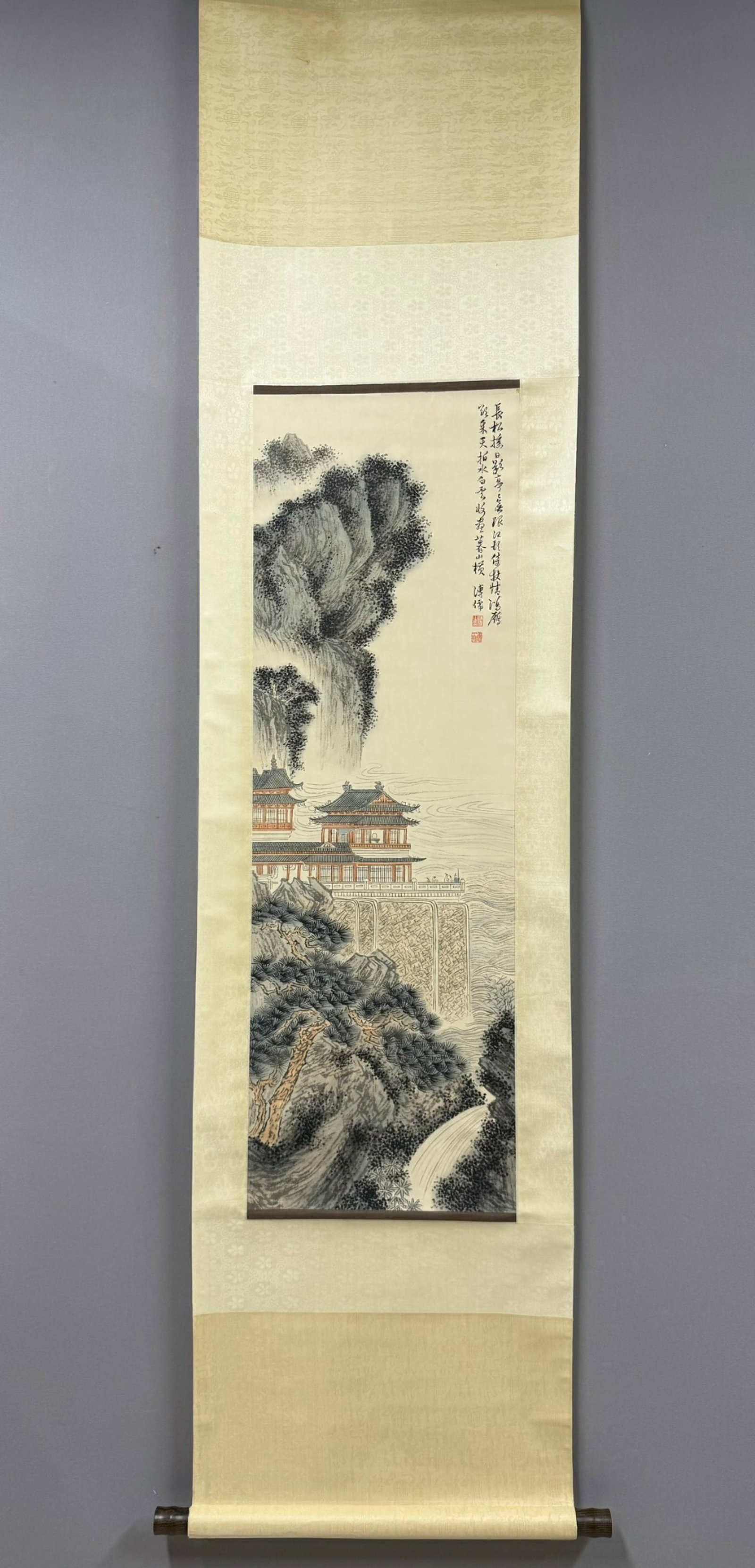A Chinese Vertical Scroll Ink Painting of Landscape and Figure on Paper,Fu Ru: A Chinese Vertical Scroll Ink Painting of Landscape and Figure on Paper,Fu Ru,Size:43.3inx12.2in 一幅中国水墨山水人物画立轴