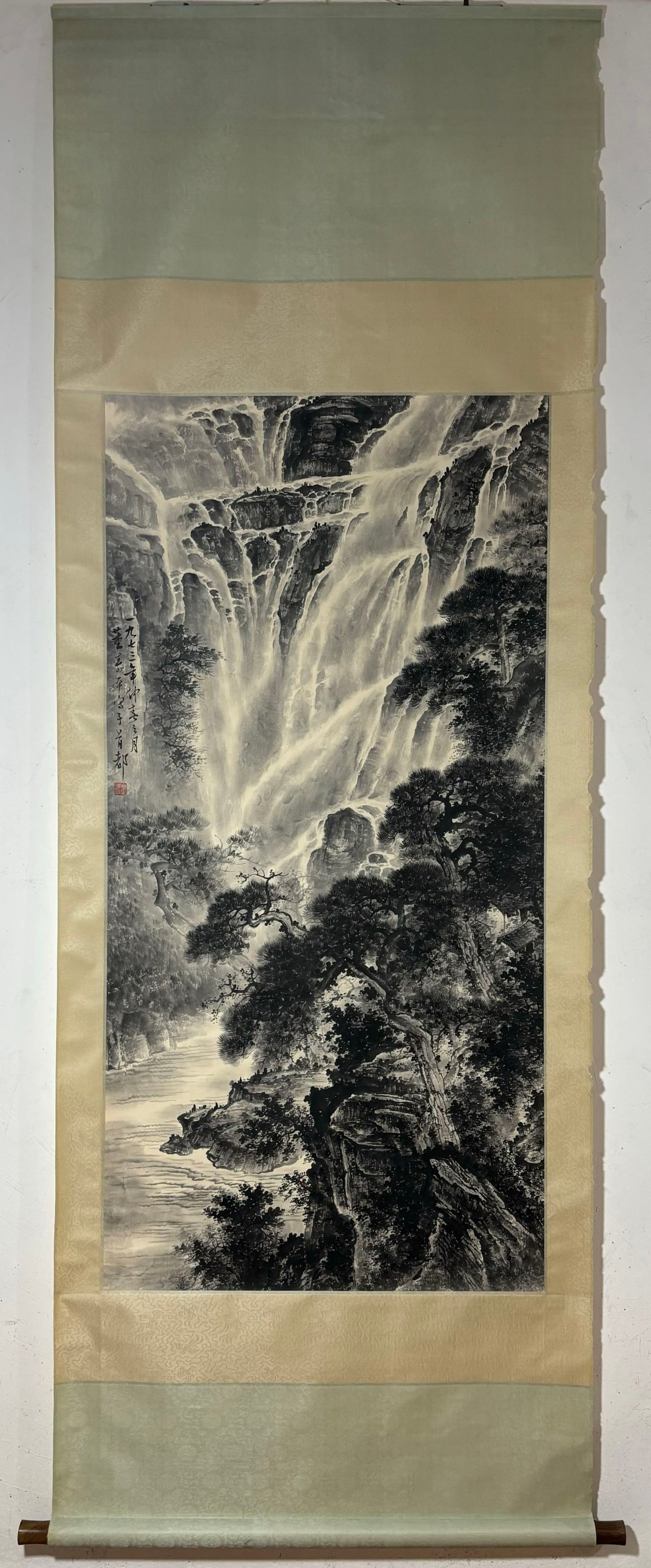 A Chinese Vertical Scroll Ink Painting of Landscape on Paper,Dong Shouping: A Chinese Vertical Scroll Ink Painting of Landscape on Paper,Dong Shouping,Size:(Without frame)52.6inx26in 一幅中国水墨山水画立轴,!