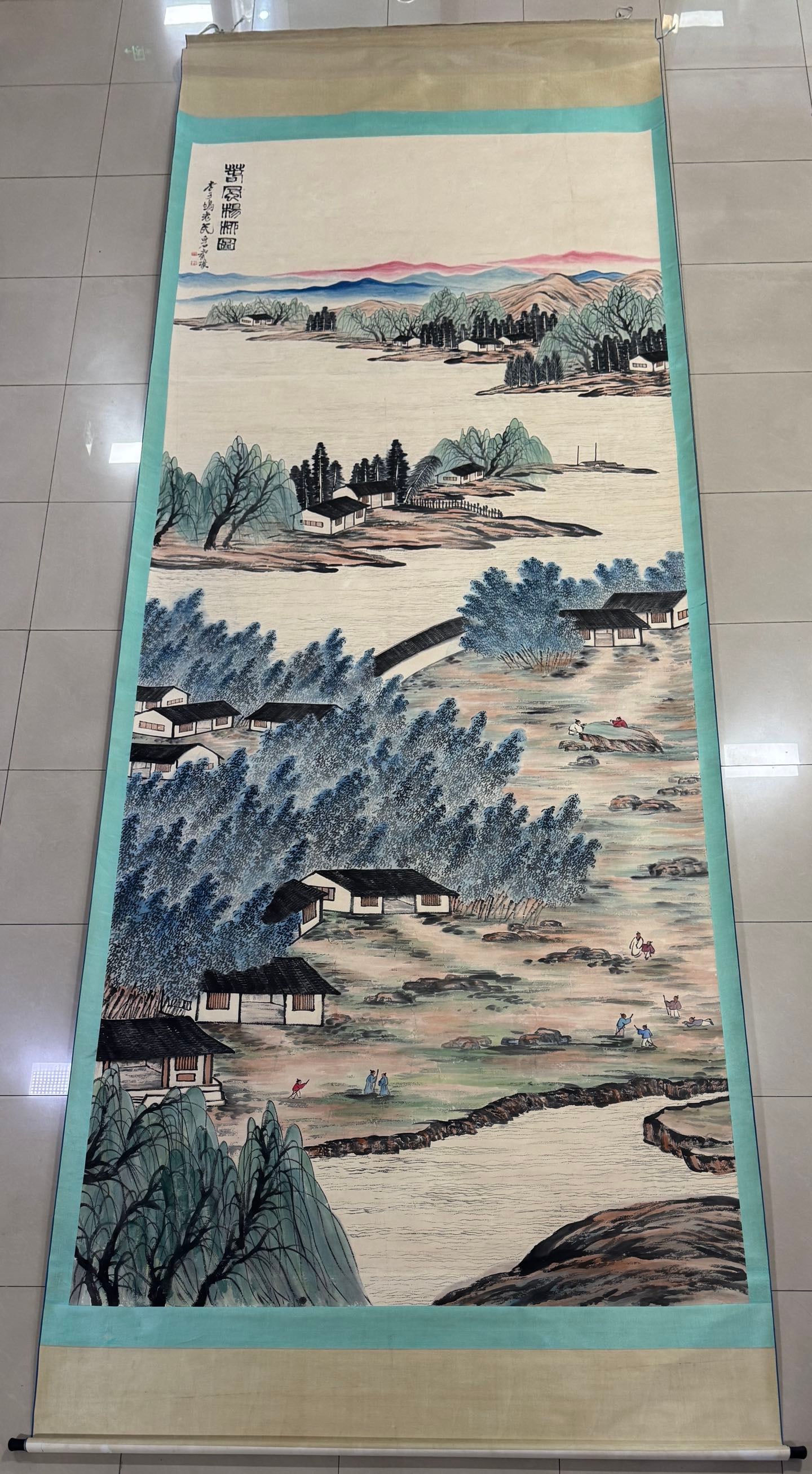 A Chinese Vertical Scroll Ink Painting of Landscape and Figure on Paper,Qi Baishi: A Chinese Vertical Scroll Ink Painting of Landscape and Figure on Paper,Qi Baishi,Size:78.7inx196.8in 一幅中国水墨山水人物画立&#