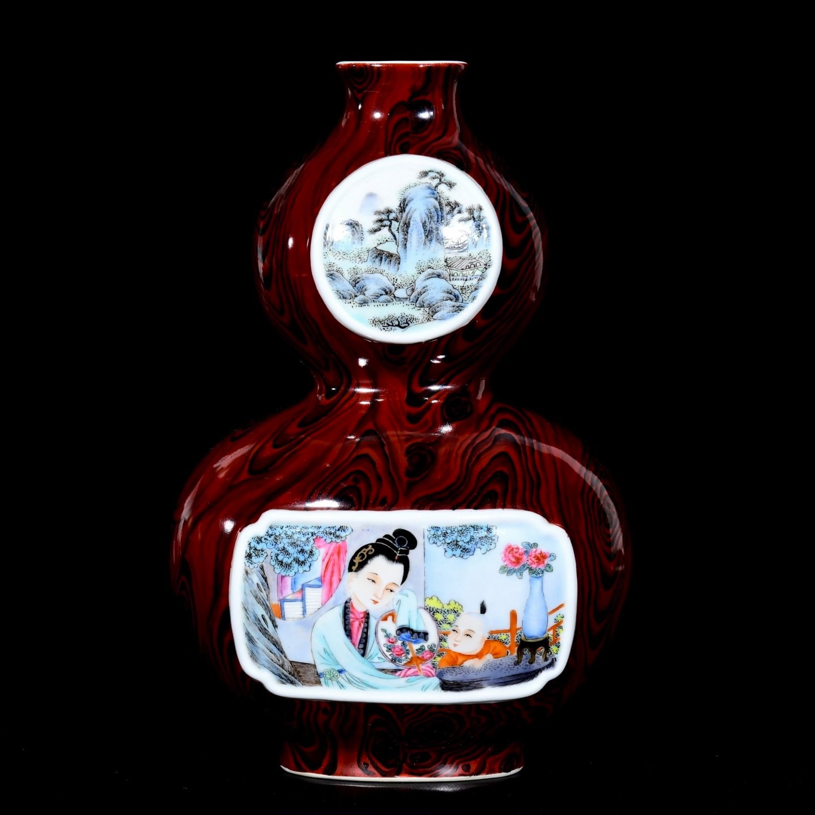 An Exquisite Imitation Wood Grain Glazed Enamel Landscape and Figure Pattern Gourd Vase (1 of 9)